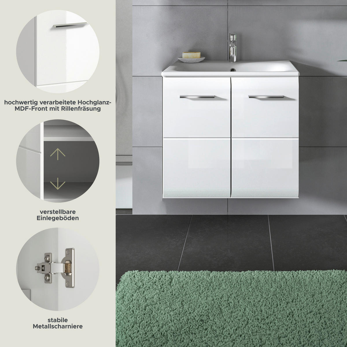 Waschplatz Ice weiß weiß Hochglanz B/H/T: ca. 60x55x46 cm Ice - weiß (60,00/55,00/46,00cm) - xonox.home