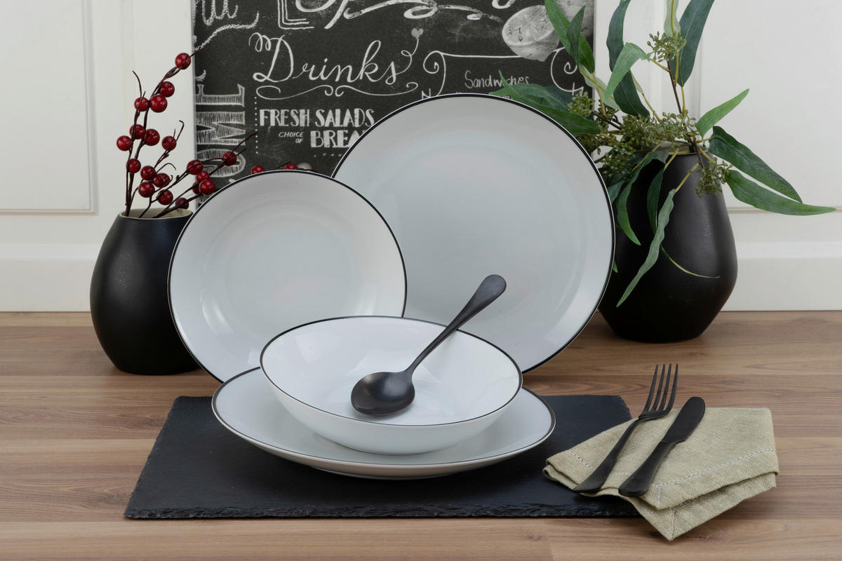 CreaTable Tafelservice Luna Black Line weiß Porzellan 12 tlg. Luna Black Line - weiß - CreaTable