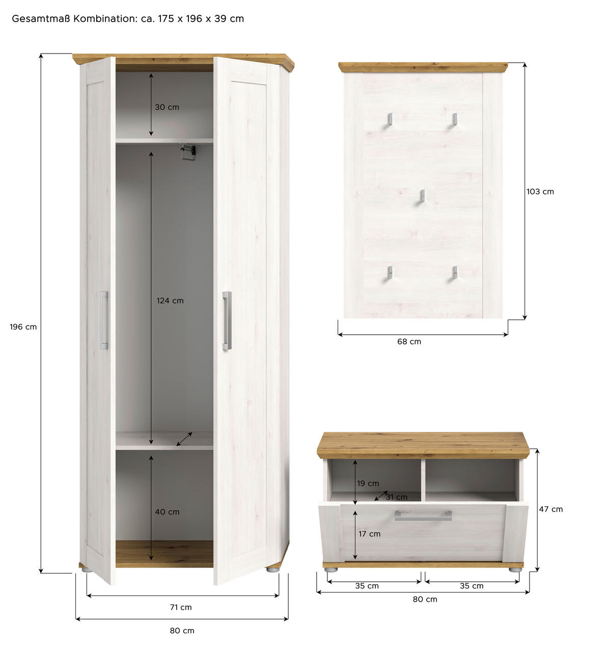 Garderobe Verona Sibiu Lärche Nachbildung Eiche Artisan Nachbildung B/H/T: ca. 175x196x39 cm Verona - Eiche (175,00/196,00/39,00cm) - xonox.home