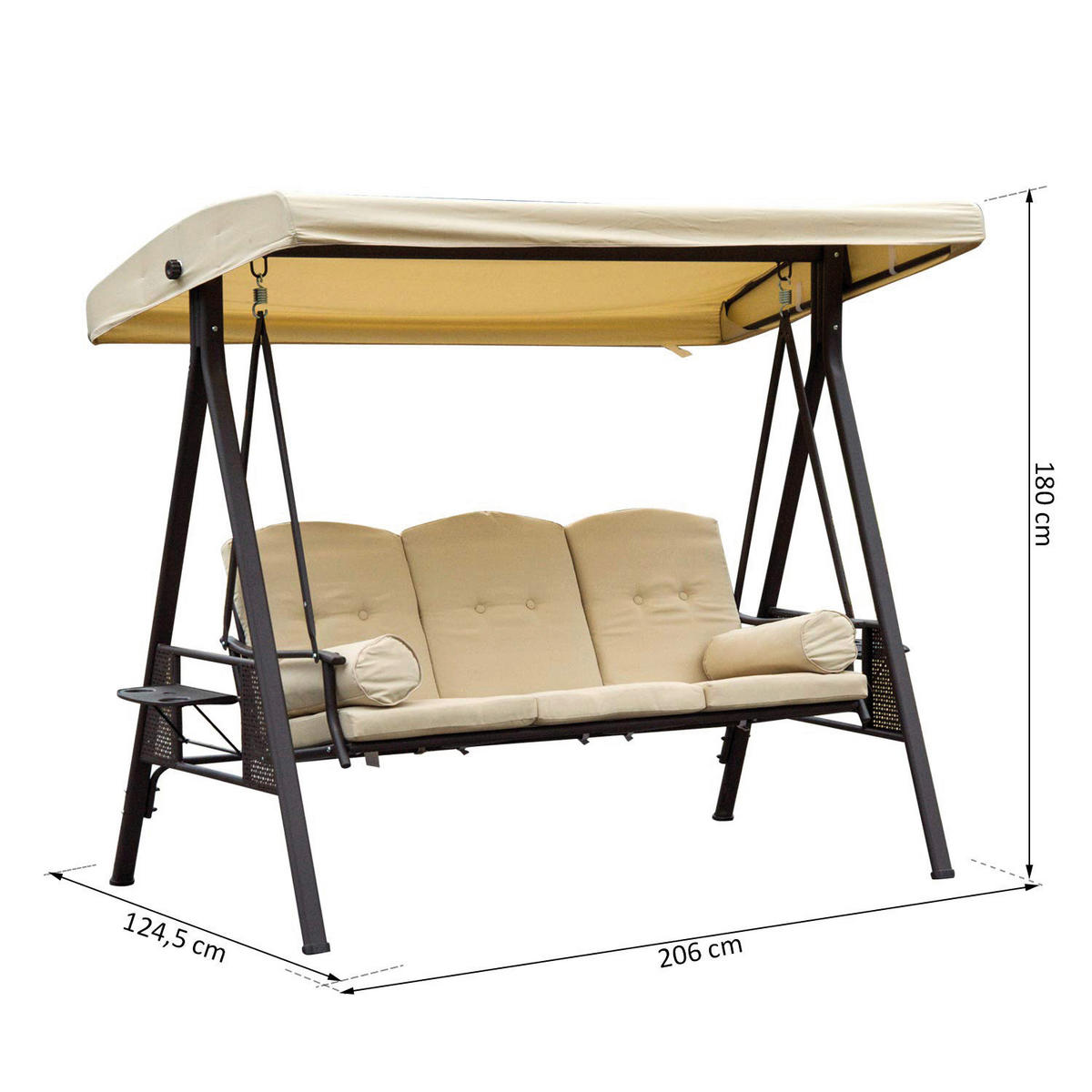 Outsunny Hollywoodschaukel beige Metall B/H/L: ca. 206x180x124,5 cm Hollywoodschaukel_3-Sitzer - beige/braun (124,50/206,00/180,00cm) - Outsunny