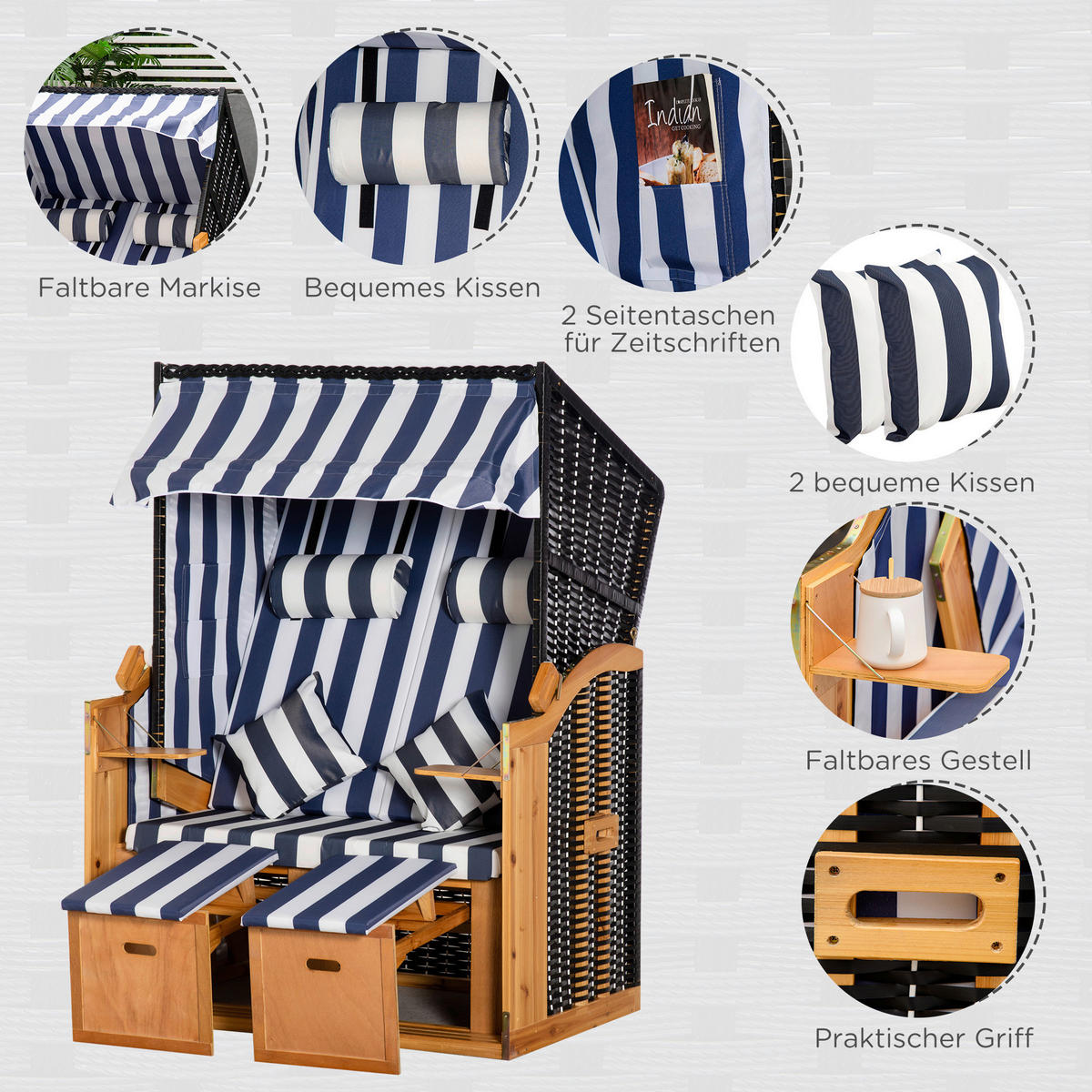 Outsunny Strandkorb blau Holz B/H/L: ca. 79x118x160 cm Strandkorb - blau/weiß (160,00/79,00/118,00cm) - Outsunny