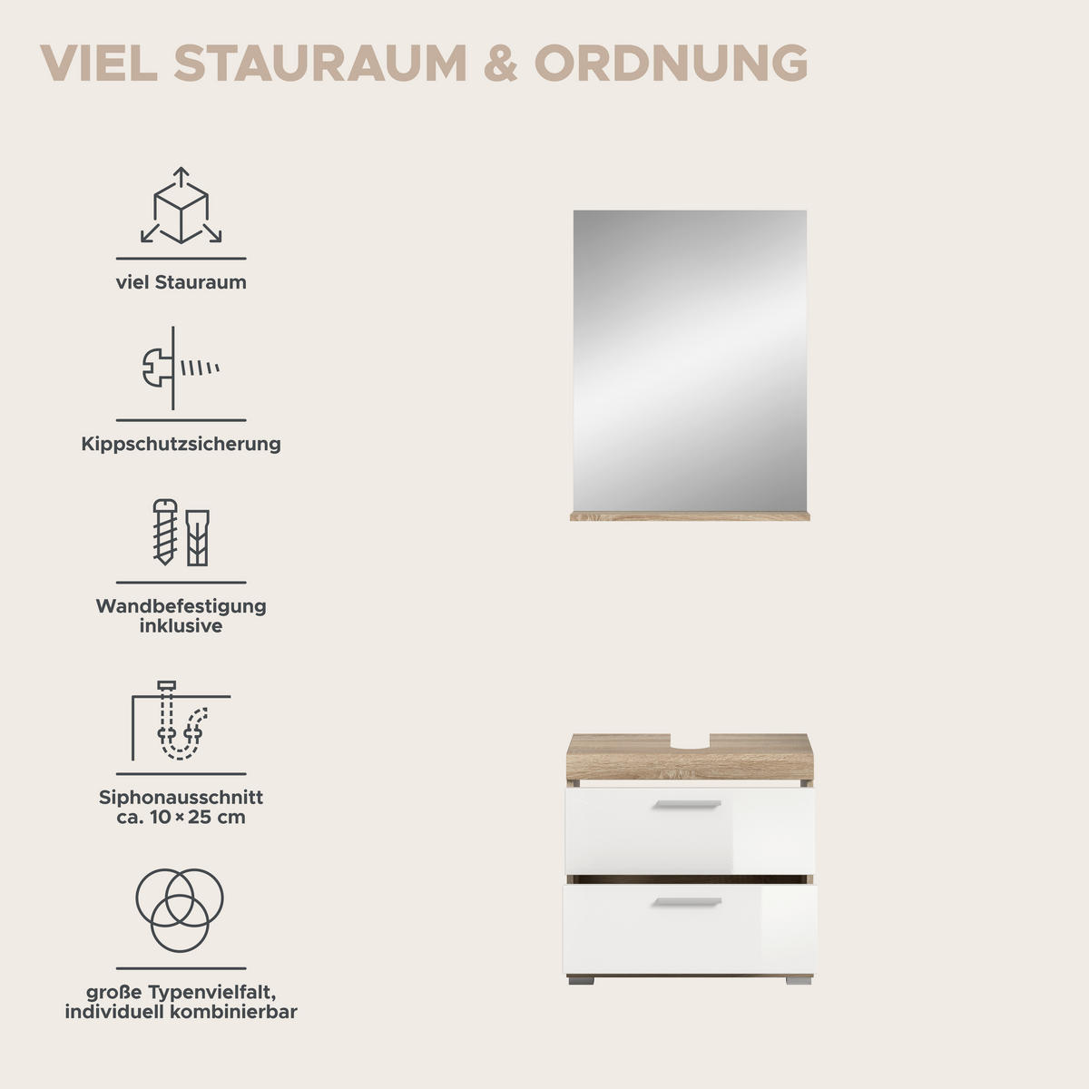 Badezimmer-Set Lambada Eiche Sonoma Nachbildung weiß Hochglanz B/H/T: ca. 60x191x37 cm Lambada - Eiche/weiß (60,00/191,00/37,00cm) - xonox.home