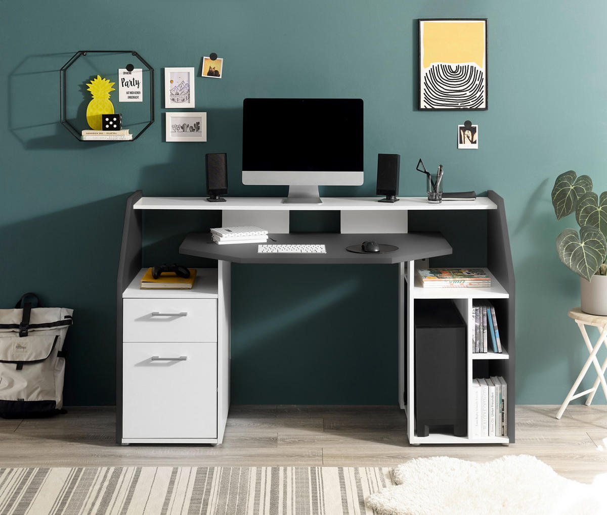 Gamingschreibtisch Alex weiß Graphit B/H/T: ca. 160x95x67 cm Alex - weiß/Graphit (160,00/95,00/67,00cm)