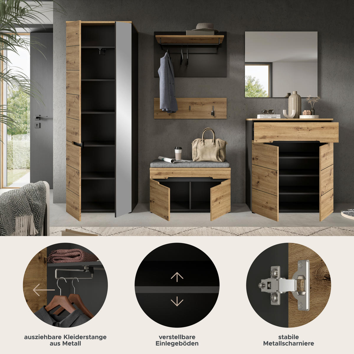 Garderobe Canu basaltgrau Nachbildung Artisan Nachbildung B/H/T: ca. 255x190x37 cm Canu - basaltgrau (255,00/190,00/37,00cm) - xonox.home