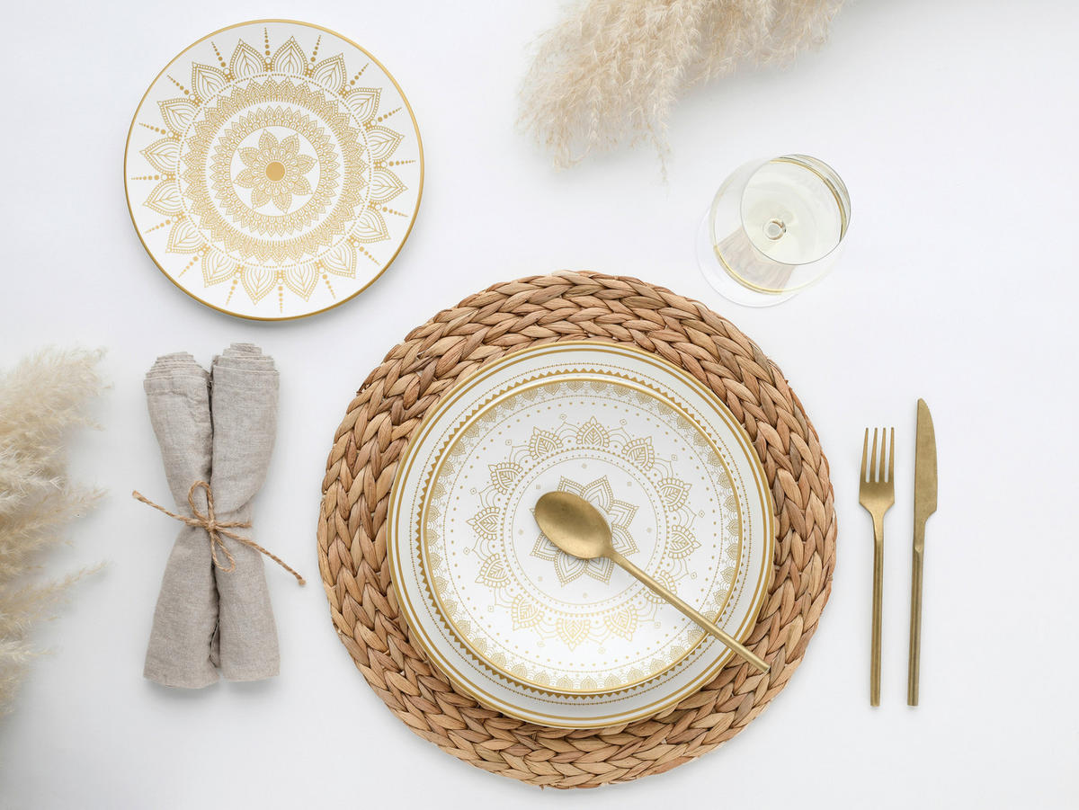 CreaTable Tafelservice MANDALA GOLD weiß Steinzeug 12 tlg. MANDALA GOLD - gold/weiß - CreaTable