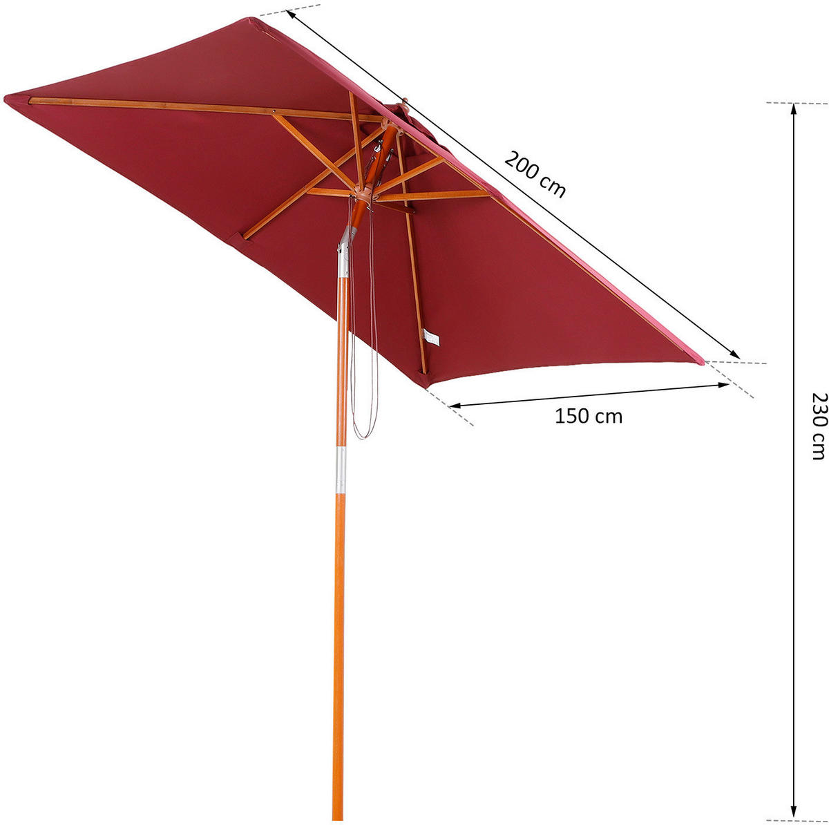 Outsunny Sonnenschirm weinrot Holz B/H/L: ca. 150x230x200 cm Sonnenschirm_knickbar - weinrot (200,00/150,00/230,00cm) - Outsunny