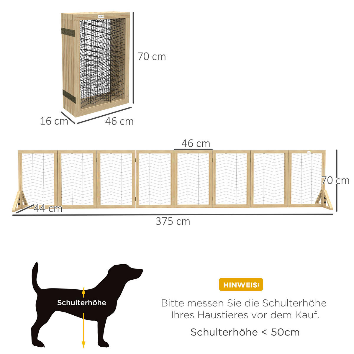 PawHut Hunde-Zubehör natur Edelstahl B/H/L: ca. 44x375x70 cm Hundetürgitter - natur (70,00/44,00/375,00cm) - PawHut