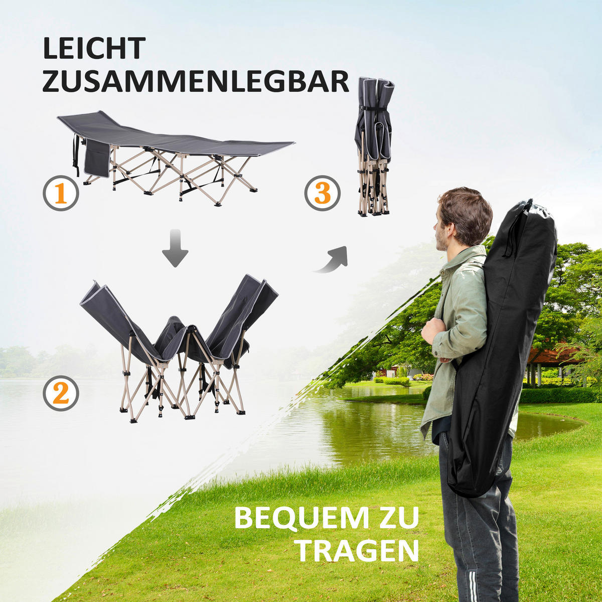 Outsunny Campingbett dunkelgrau Stahl B/H/L: ca. 68x52x190 cm Campingbett - dunkelgrau (190,00/68,00/52,00cm) - Outsunny