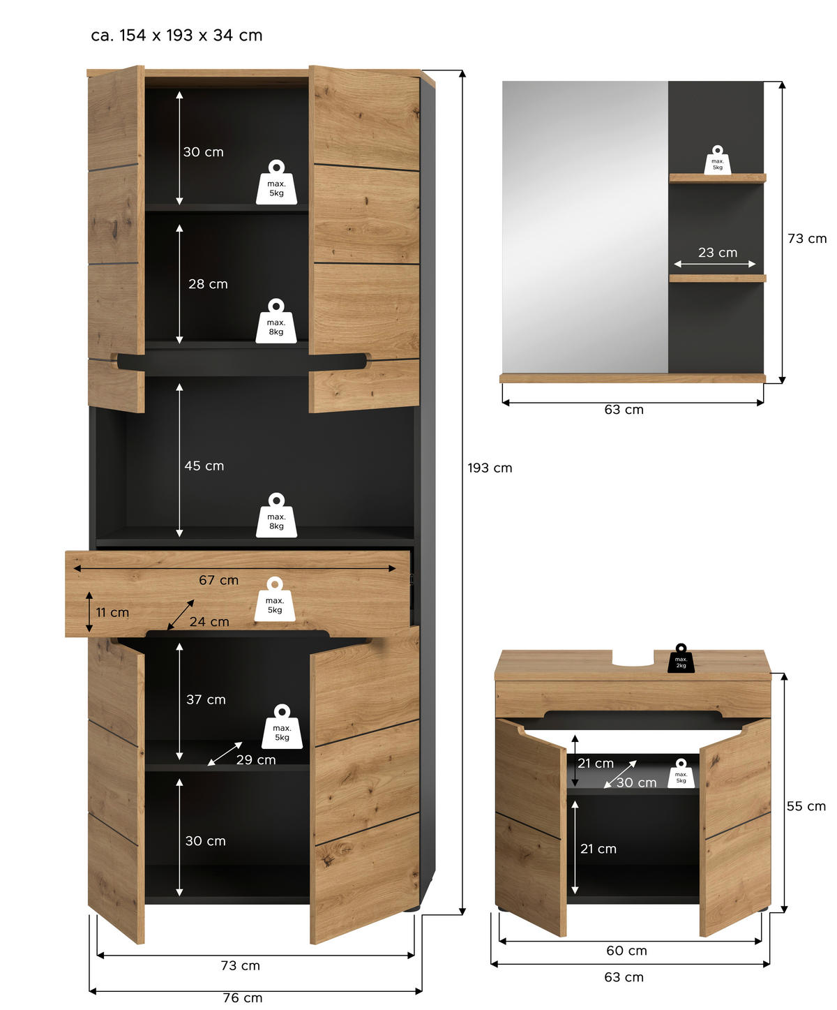 Badezimmer-Set Canu Basalt Eiche Artisan Nachbildung B/H/T: ca. 154x193x34 cm Canu - Eiche/Basalt (154,00/193,00/34,00cm) - xonox.home