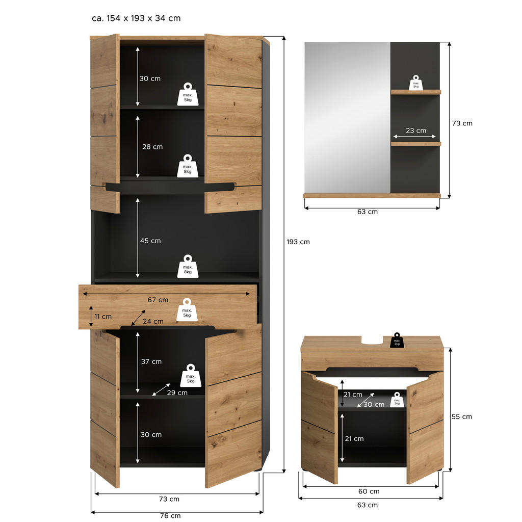 Thumbnail - Badezimmer-Set Canu Basalt Eiche Artisan Nachbildung B/H/T: ca. 154x193x34 cm