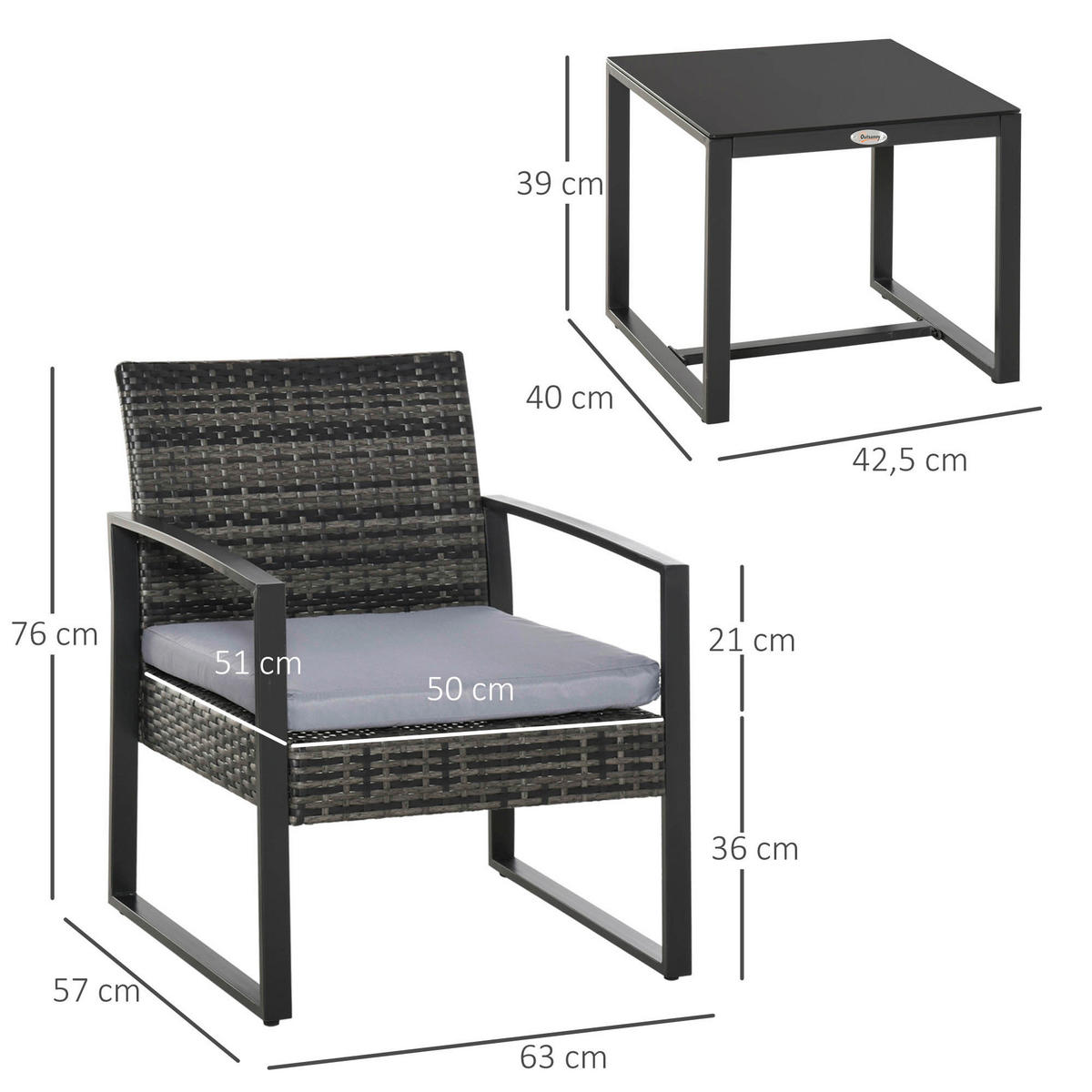 Outsunny Sitzgruppe grau Polyrattan B/H/L: ca. 57x63x76 cm Gartenmöbel-Set - grau (76,00/57,00/63,00cm) - Outsunny