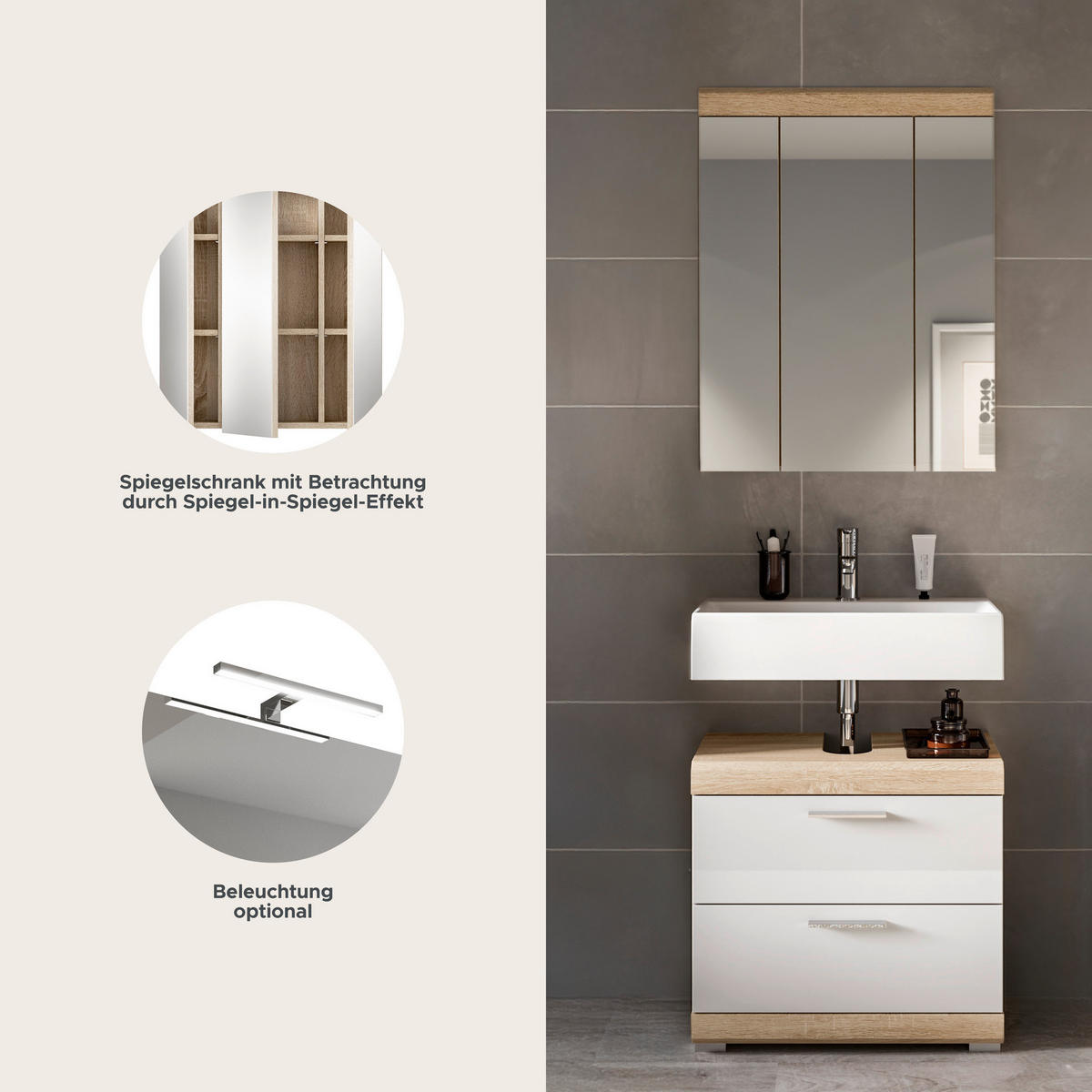 Badezimmer-Set Lambada Eiche Sonoma Nachbildung weiß Hochglanz B/H/T: ca. 60x191x37 cm Lambada - Eiche/weiß (60,00/191,00/37,00cm) - xonox.home