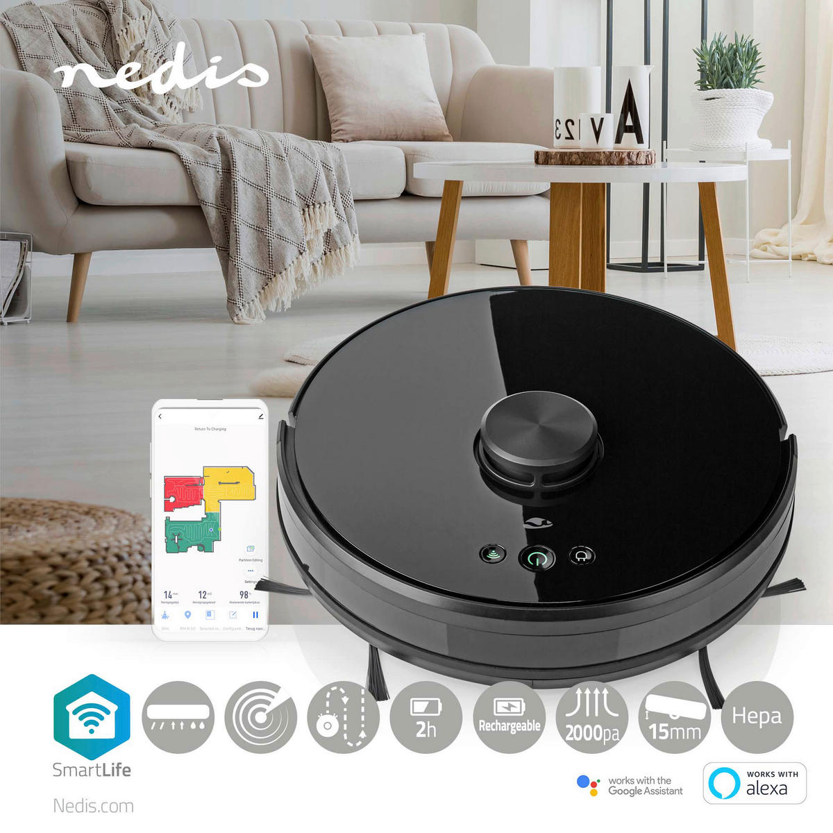 Nedis Roboter-Staubsauger schwarz Polypropylen B/H/L: ca. 33,1x33,3x9,6 cm SmartLife - schwarz (9,60/33,10/33,30cm) - Nedis