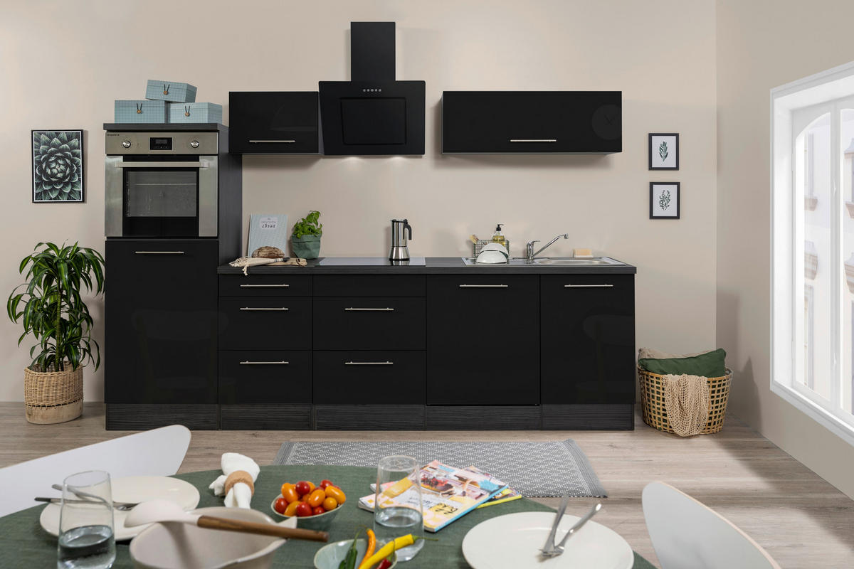 Respekta Küchenblock Amanda schwarz Hochglanz B/H/T: ca. 280x200x60 cm Amanda - schwarz/Edelstahloptik (280,00/200,00/60,00cm) - Respekta