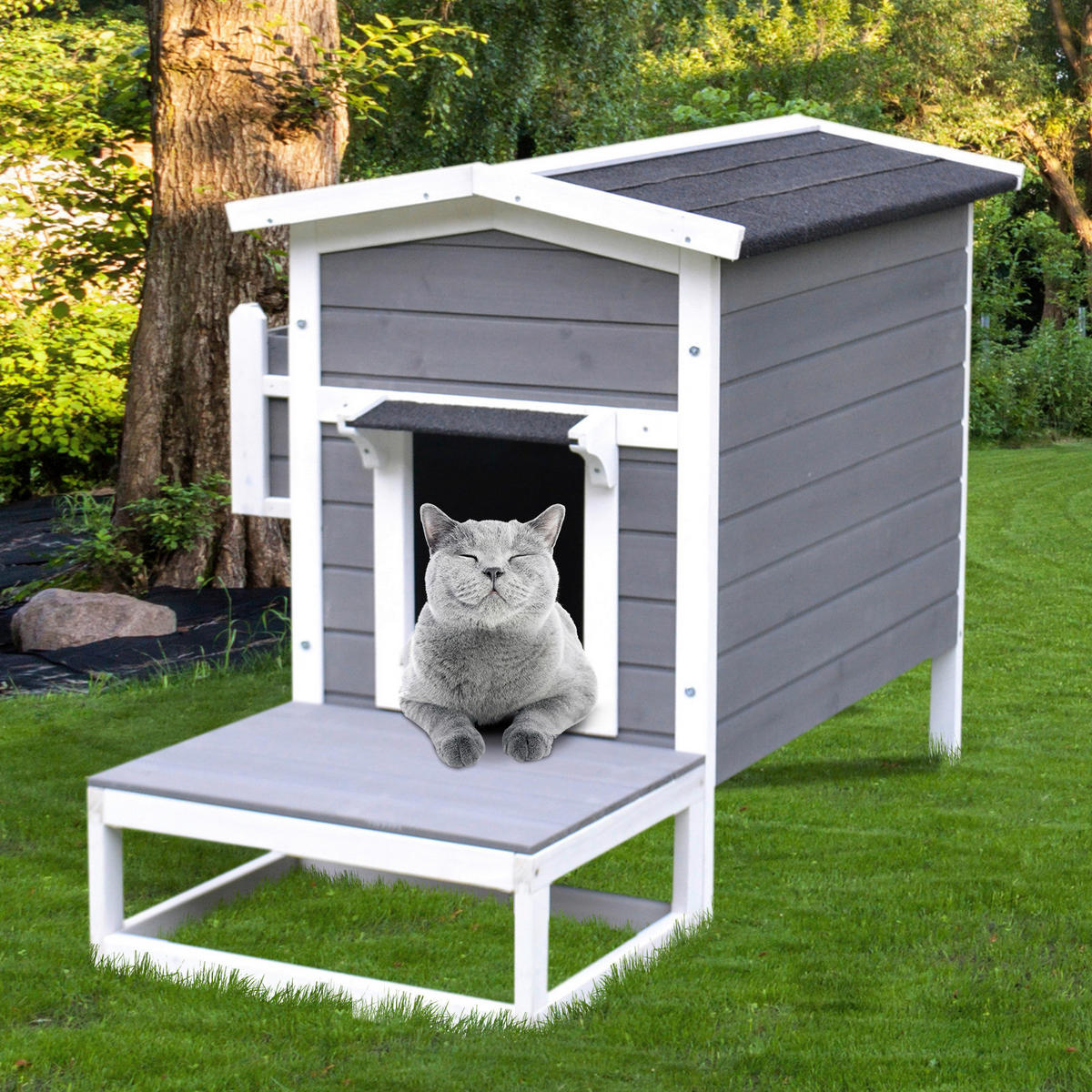 PawHut Katzenhaus grau Holz B/H/L: ca. 67x75x115 cm Katzenhaus - weiß/grau (115,00/67,00/75,00cm) - PawHut