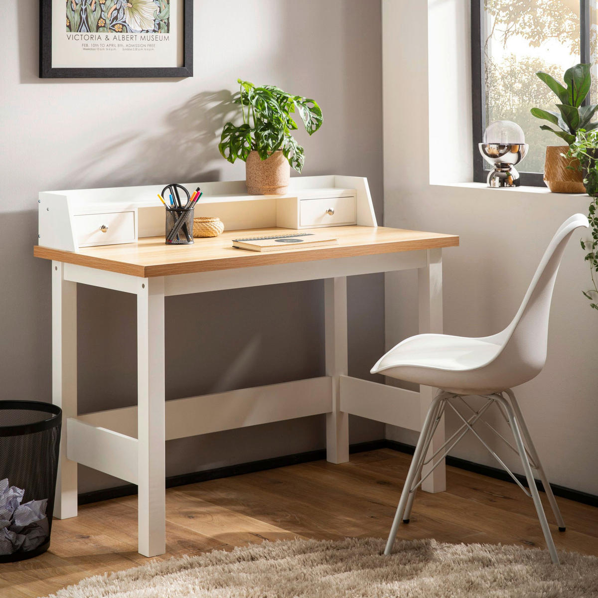 Schreibtisch weiß Eiche weiß Optik B/H/T: ca. 106x90x53 cm Schreibtisch - weiß (106,00/90,00/53,00cm) - Wohnling