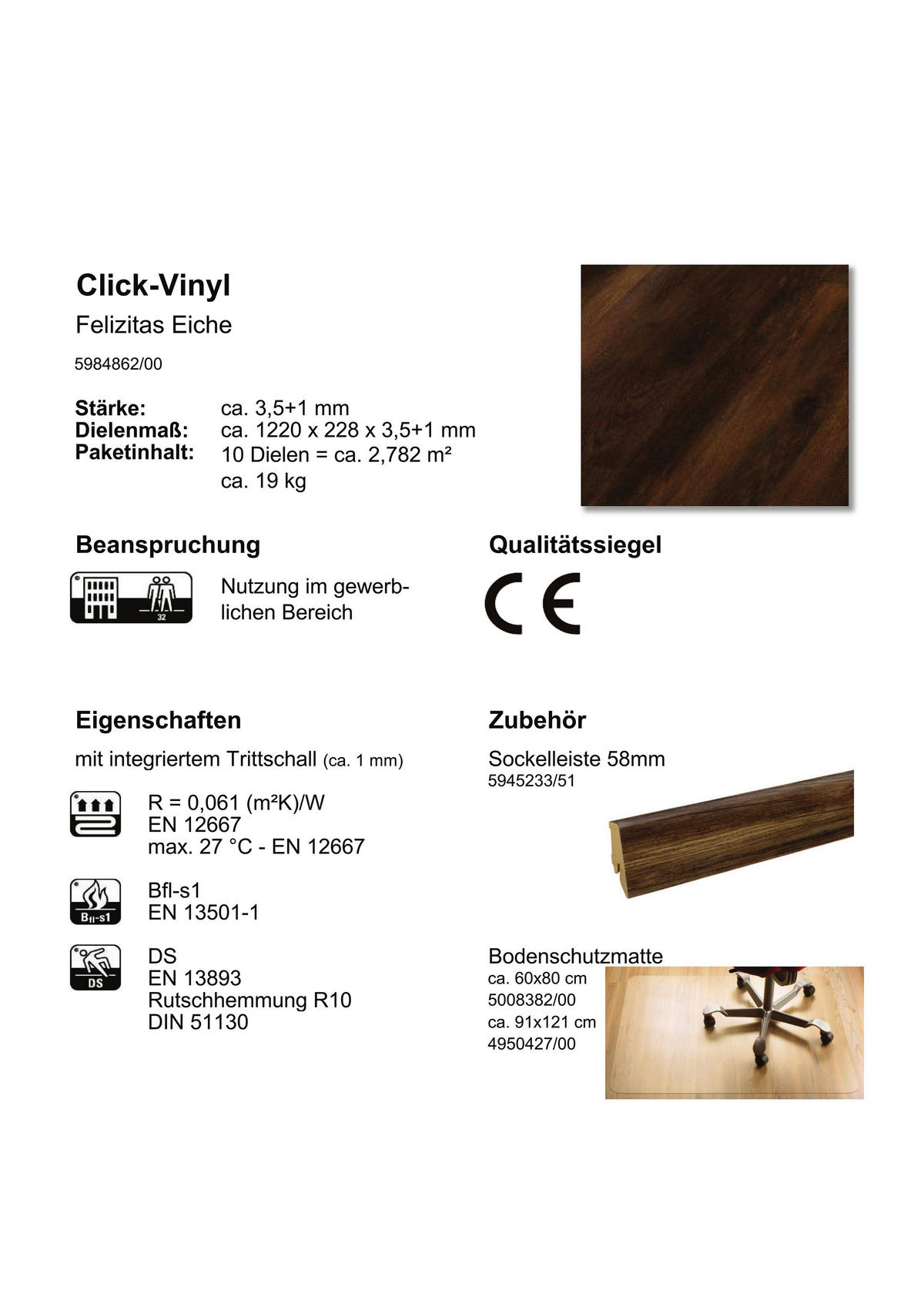 Click-Vinylboden Felizitas ca. 2,782 m² im Paket  B/L: ca. 22,8x122 cm pro Paket Felizitas ca. 2,782 m² im Paket - (22,80/122,00cm)