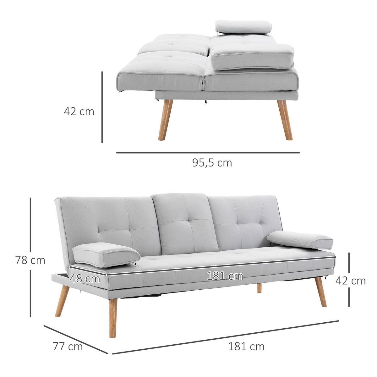 Schlafsofa 833-663 hellgrau B/H/T: ca. 181x78x77 cm 833-663 - hellgrau (181,00/78,00/77,00cm) - HOMCOM