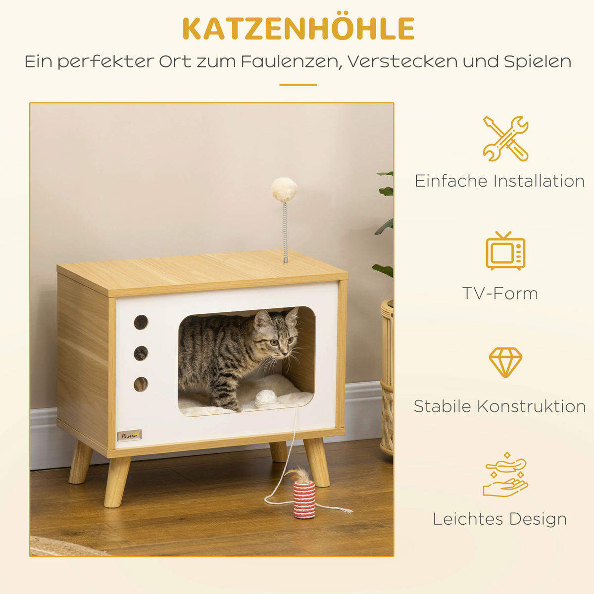 PawHut Katzenhaus beige Spanplatte B/H/L: ca. 28x43x50 cm Katzenhaus - beige/Eiche (50,00/28,00/43,00cm) - PawHut
