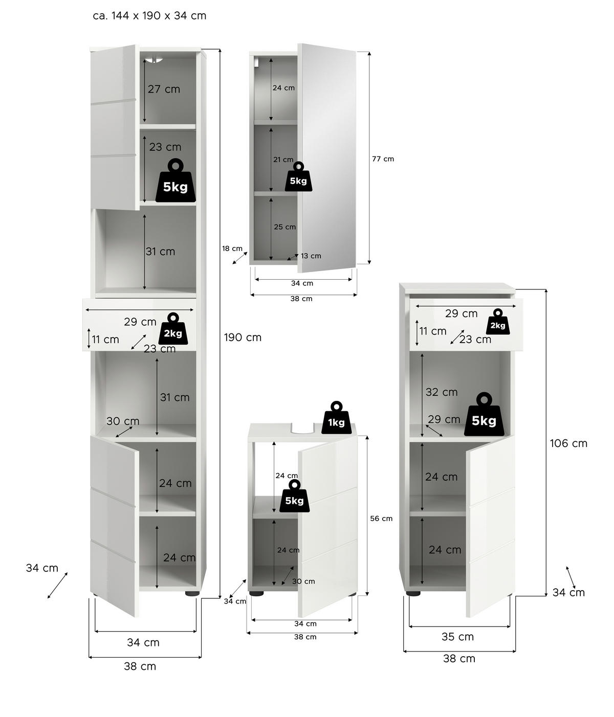 Badezimmer-Set VIRA weiß weiß Hochglanz B/H/T: ca. 144x190x34 cm VIRA - weiß (144,00/190,00/34,00cm) - xonox.home