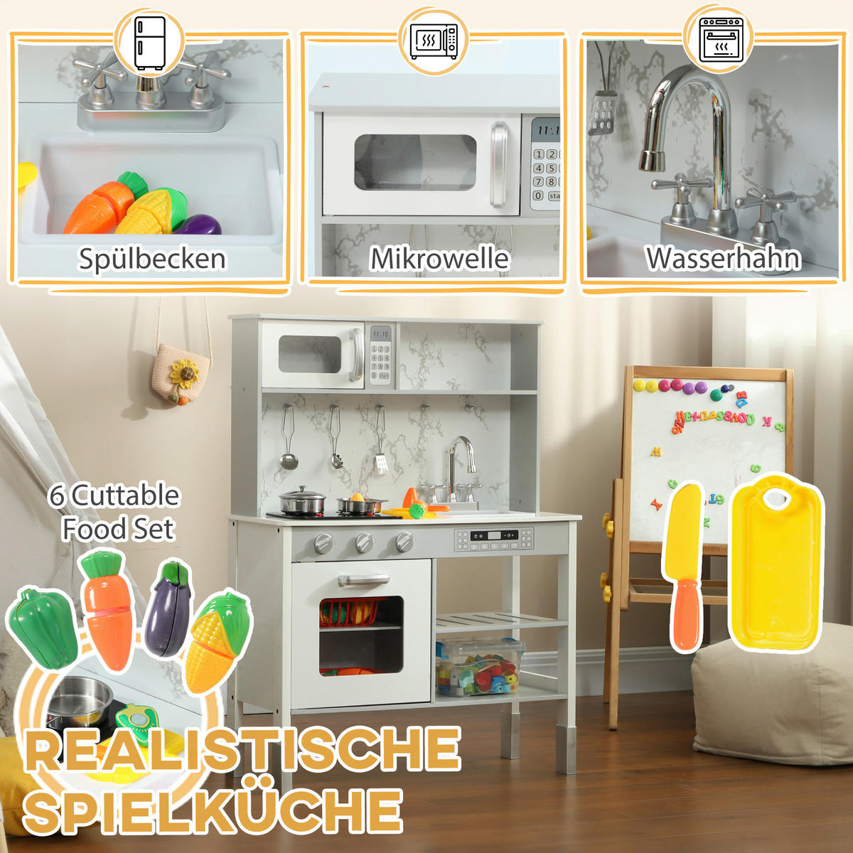 AIYAPLAY Kinder-Spielküche B/H/L: ca. 28x96,1x70,1 cm Kinder-Spielküche - weiß (70,10/28,00/96,10cm) - AIYAPLAY
