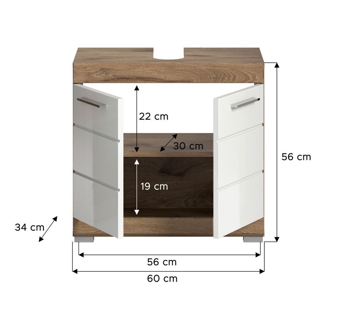 Waschbeckenunterschrank Wave Oak Nachbildung weiß Hochglanz B/H/T: ca. 60x56x34 cm Wave - weiß/Oak (60,00/56,00/34,00cm)