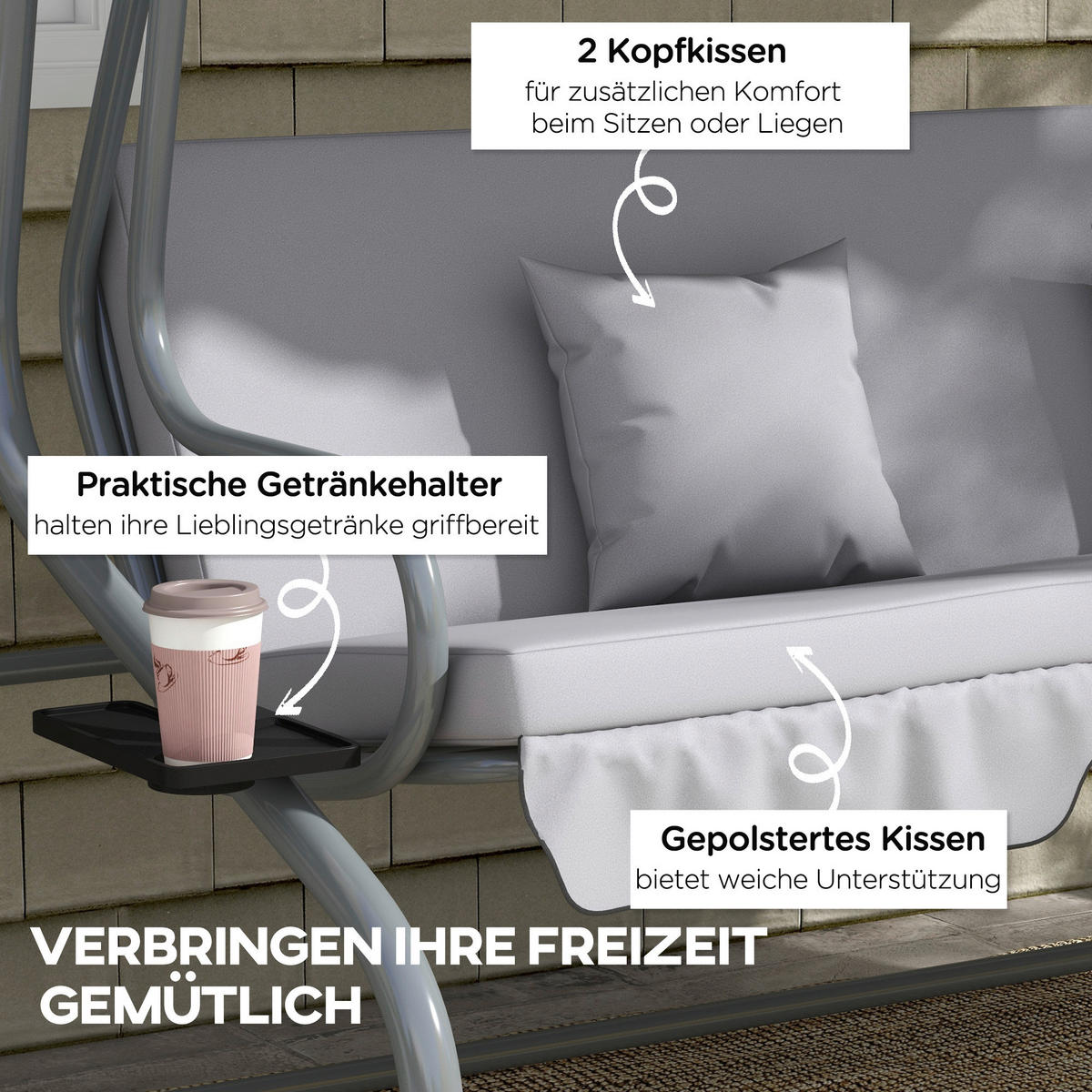 Outsunny Hollywoodschaukel hellgrau Polyester-Mischgewebe B/H/L: ca. 120x164x200 cm Hollywoodschaukel - hellgrau (200,00/120,00/164,00cm) - Outsunny