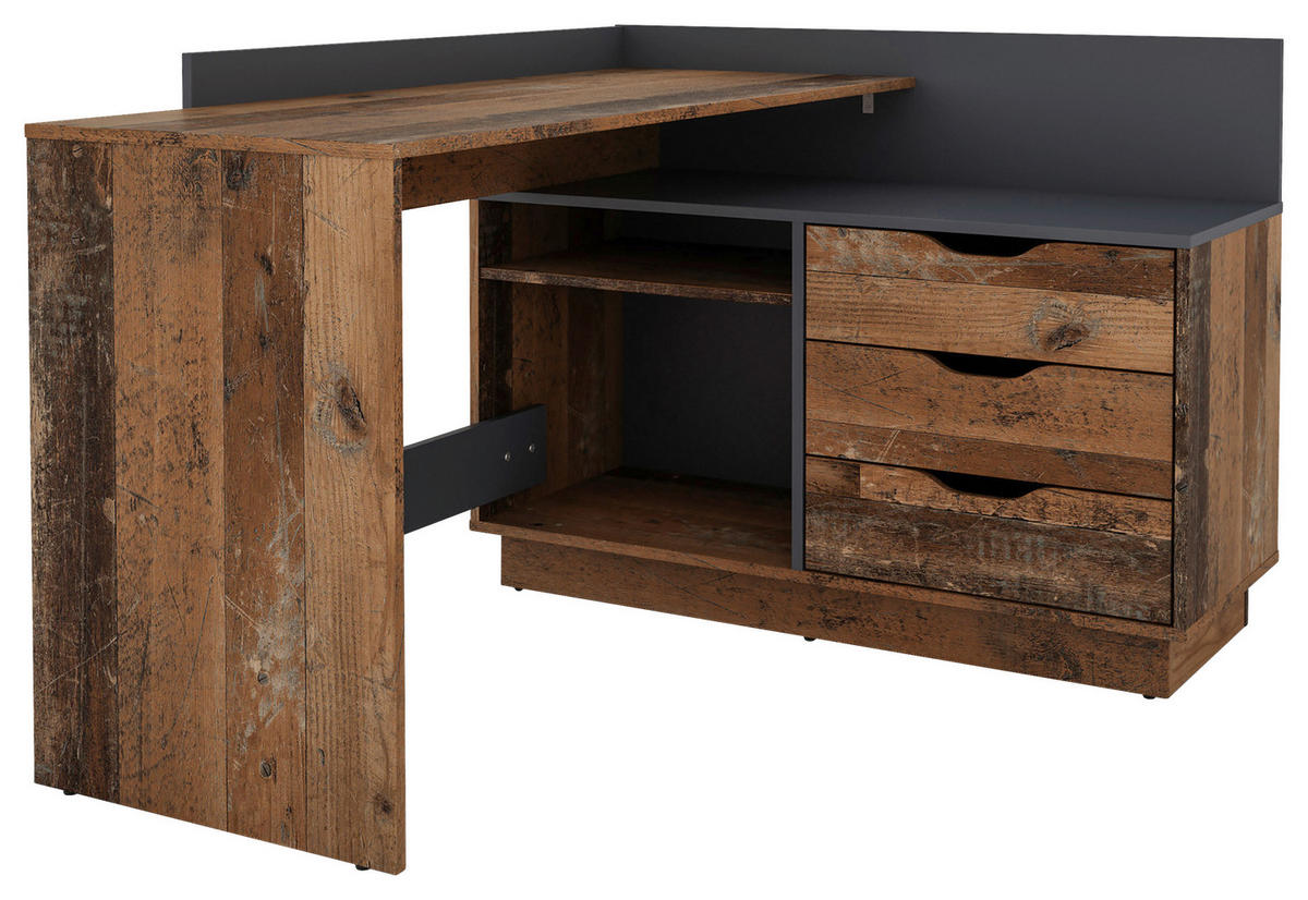 Winkelschreibtisch BELFAST anthrazit Eiche Old Wood Nachbildung B/H/T: ca. 129x83,5x105 cm BELFAST - Eiche/anthrazit (129,00/83,50/105,00cm) - byLIVING