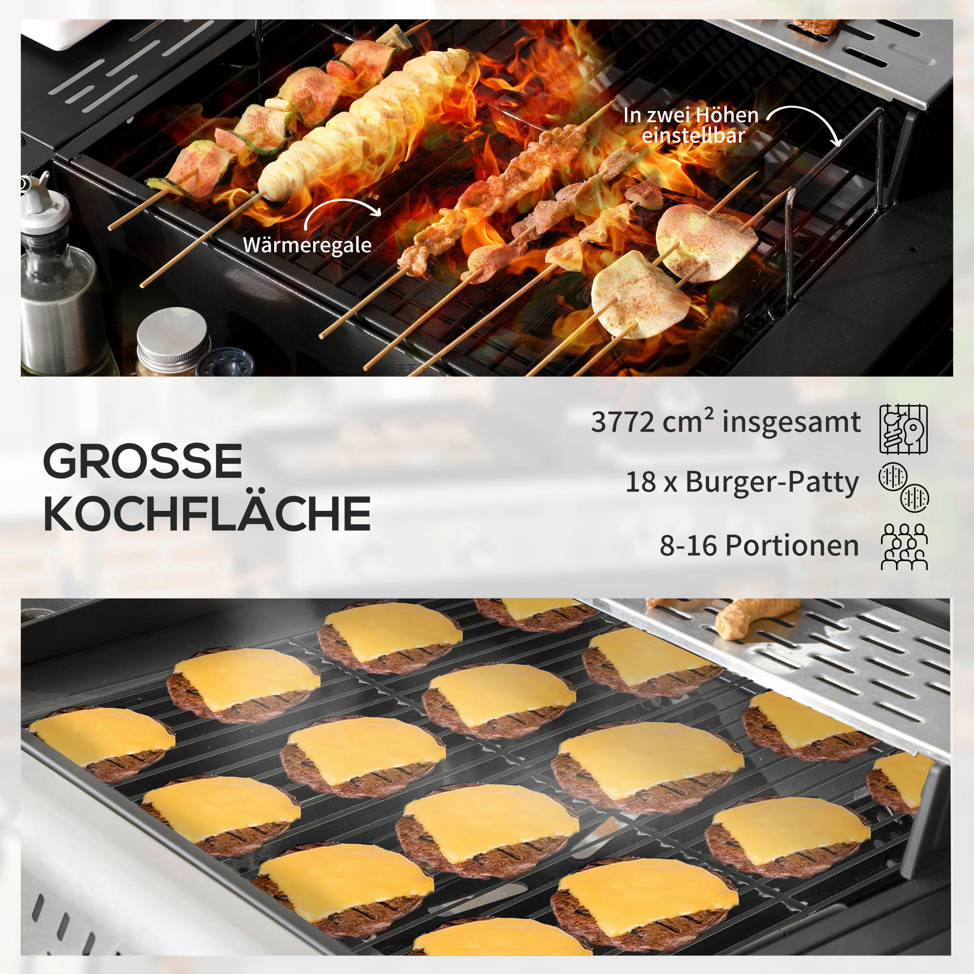 Outsunny Gas-/Kohlegrill Edelstahl B/H/L: ca. 53x101x161 cm Gas-/Kohlegrill - schwarz (161,00/53,00/101,00cm) - Outsunny