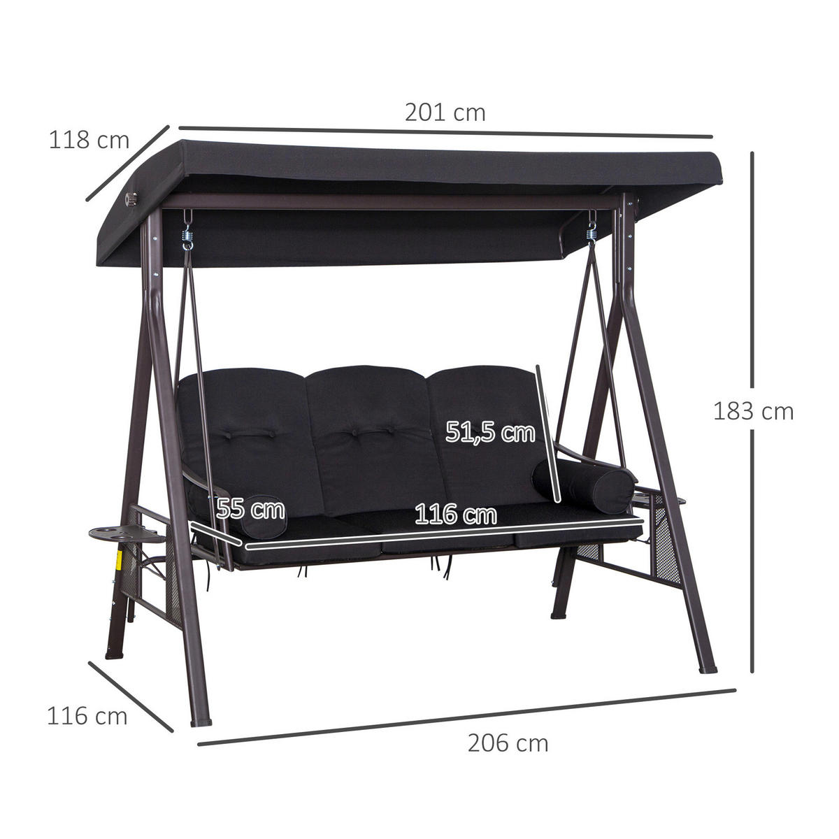 Outsunny Hollywoodschaukel schwarz Metall B/H/L: ca. 206x183x116 cm Hollywoodschaukel - schwarz (116,00/206,00/183,00cm) - Outsunny