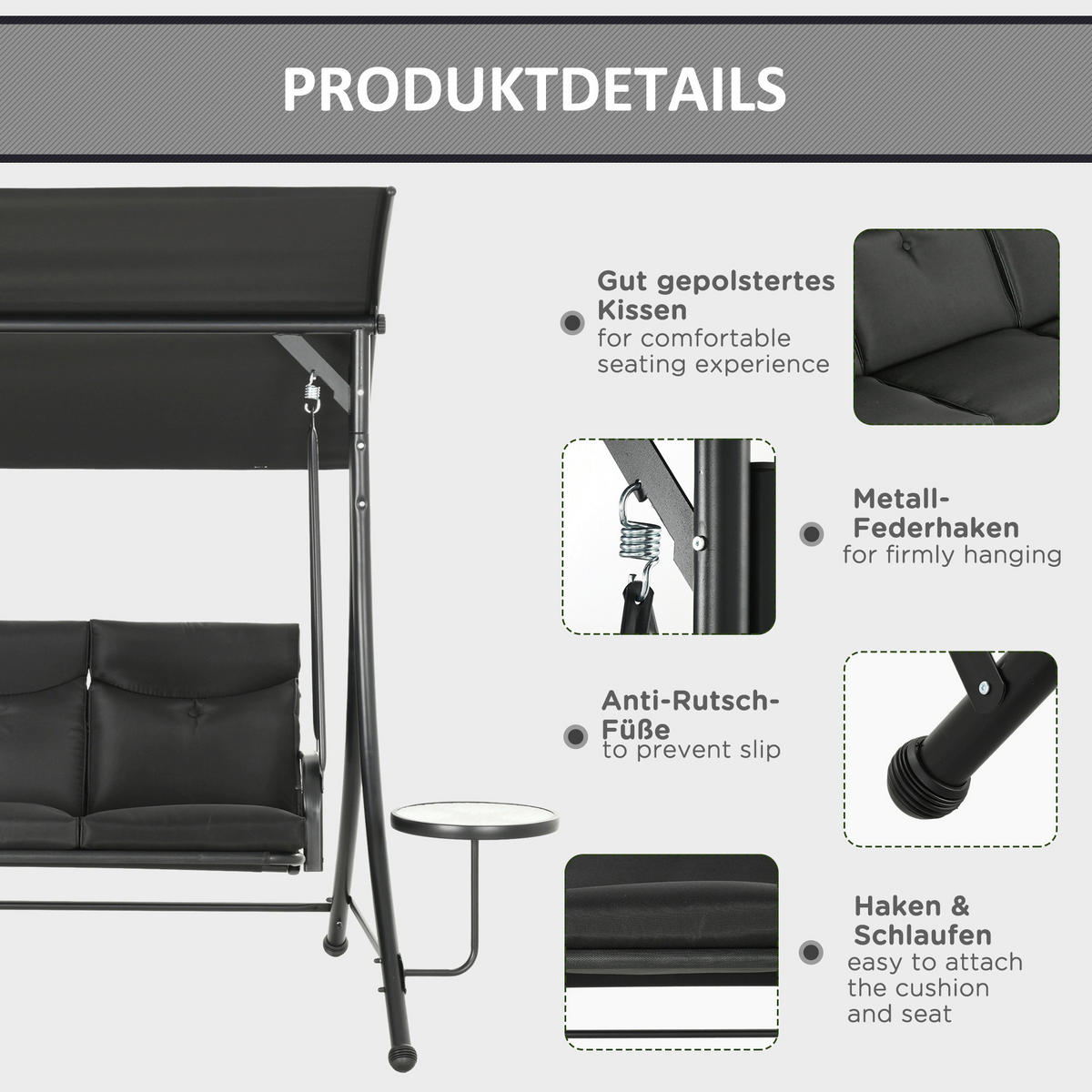 Outsunny Hollywoodschaukel schwarz Polyester B/H/L: ca. 135x177x278 cm Hollywoodschaukel - schwarz (278,00/135,00/177,00cm) - Outsunny