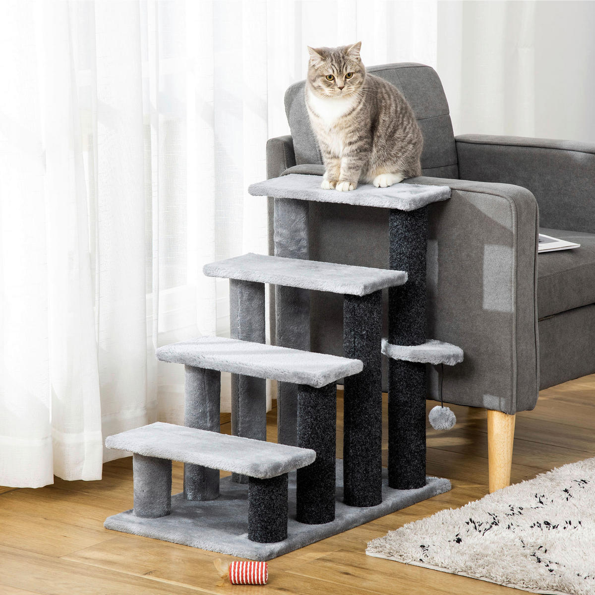 PawHut 4-stufige Haustiertreppe m. Ball grau Polypropylen B/H/L: ca. 40x60x64 cm Haustiertreppe - grau (64,00/40,00/60,00cm) - PawHut