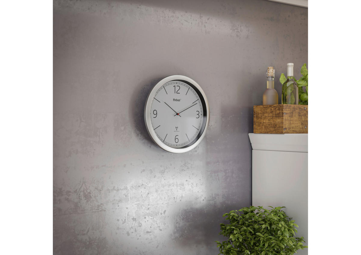 Mebus Wanduhr silber D: ca. 25 cm Wanduhr_Funk - weiß/silber (25,00cm) - Mebus