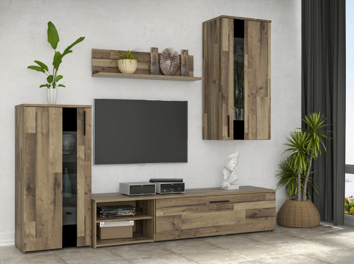 Wohnwand  Stabeiche Nachbildung B/H/T: ca. 213x184x41 cm Crunch_Wohnwand - schwarz (213,00/184,00/41,00cm)