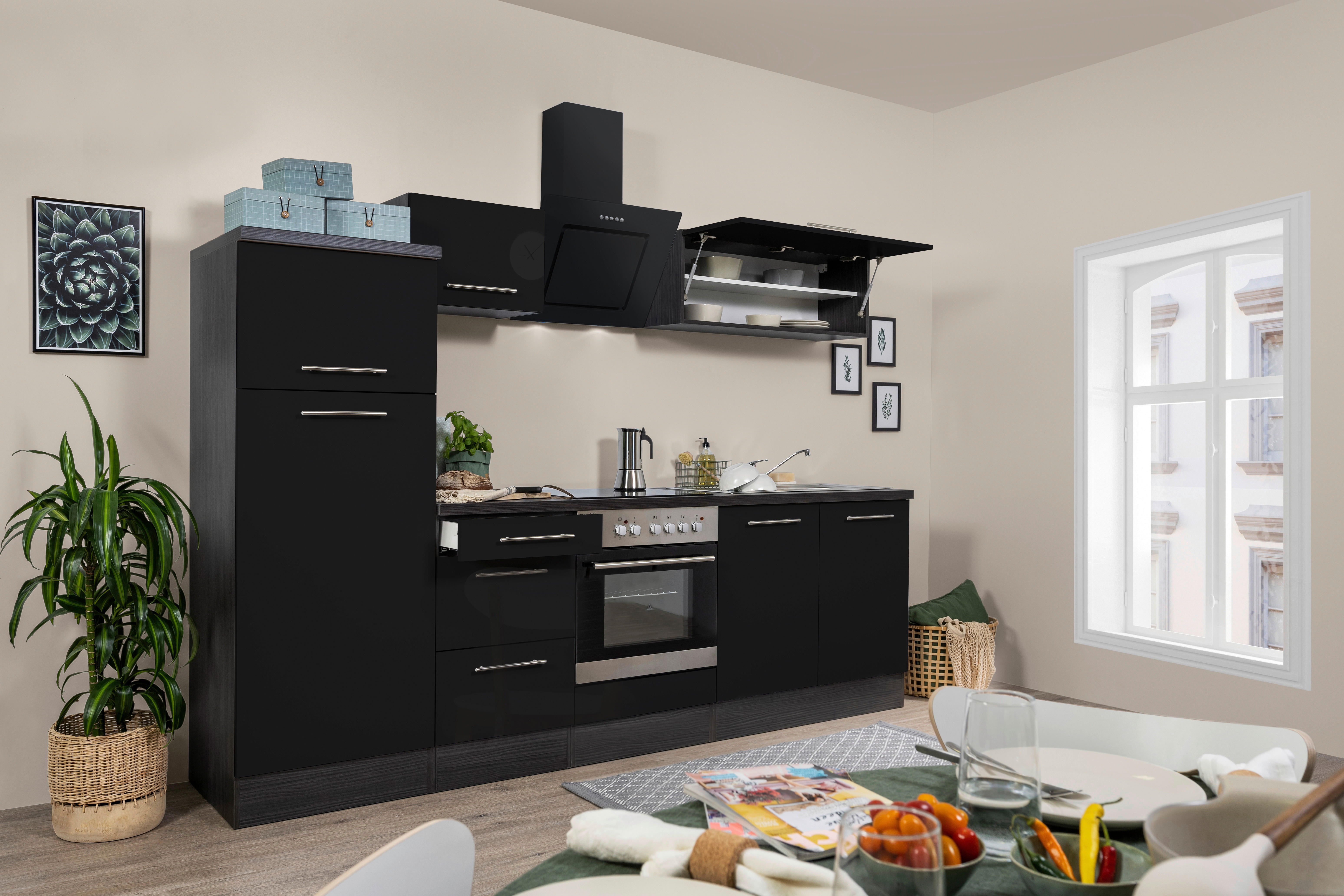 Respekta Küchenblock Premium schwarz hochglänzend B/H/T: ca. 270x200x60 cm Premium - Eiche/schwarz (270,00/200,00/60,00cm) - Respekta