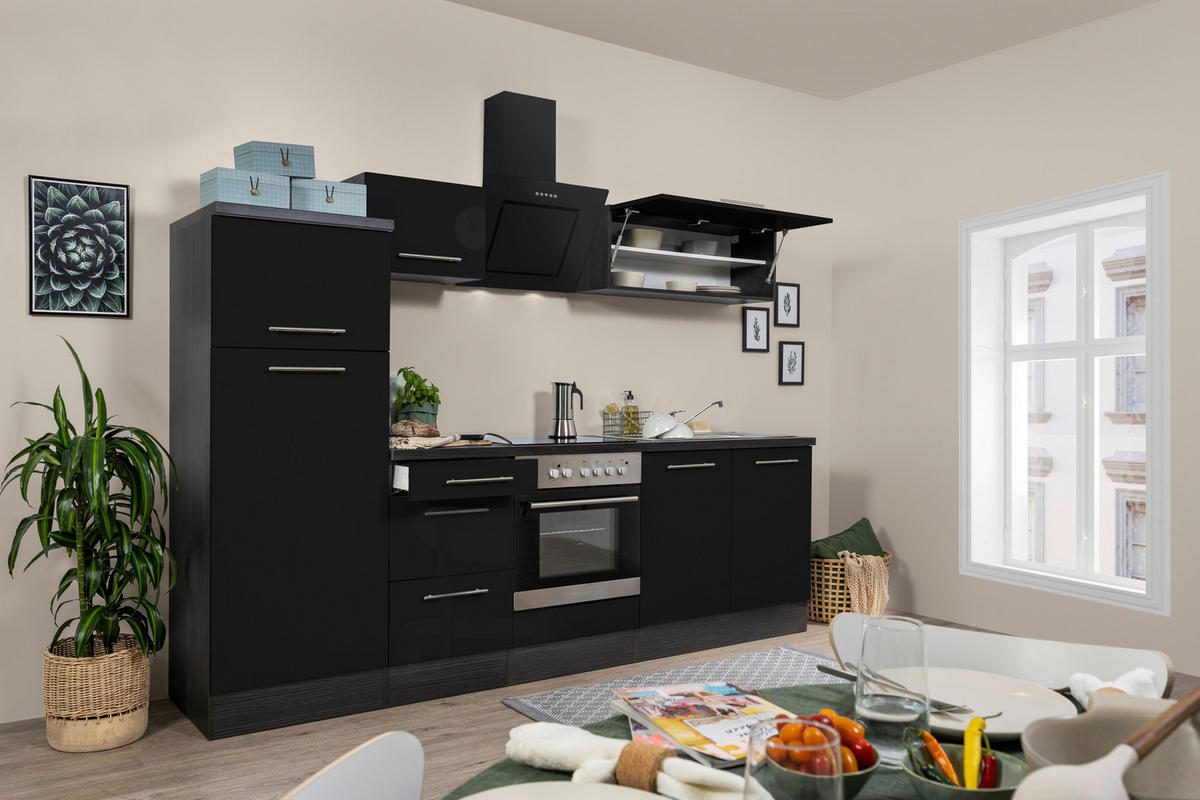 Respekta Küchenblock Premium schwarz hochglänzend B/H/T: ca. 270x200x60 cm Premium - Eiche/schwarz (270,00/200,00/60,00cm) - Respekta