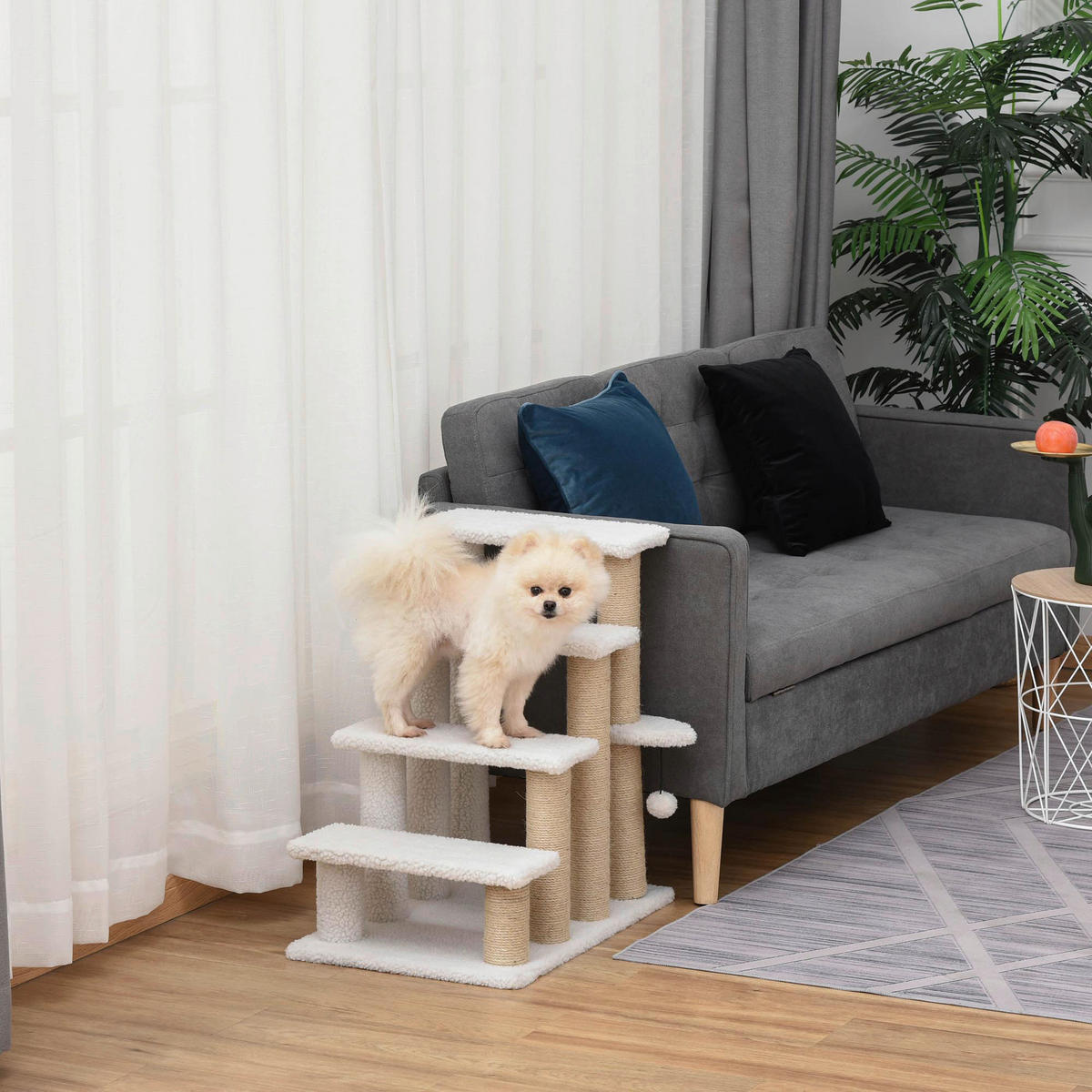 PawHut Haustiertreppe m. Kratzbaum Ball weiß Spanplatte B/H/L: ca. 40x60x64 cm Haustiertreppe - weiß (64,00/40,00/60,00cm) - PawHut