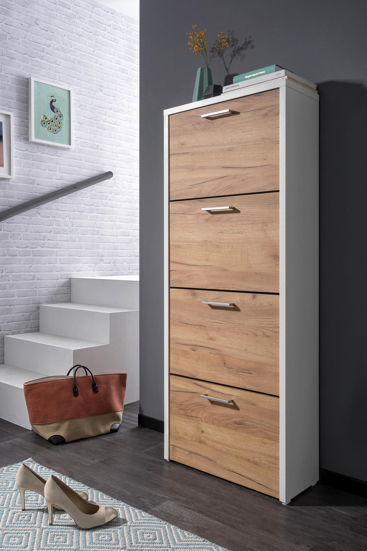 Schuhkipper Fulda 2 weiß honig Eiche Nachbildung B/H/T: ca. 61x152x25 cm Fulda 2 - weiß/honig (61,00/152,00/25,00cm)