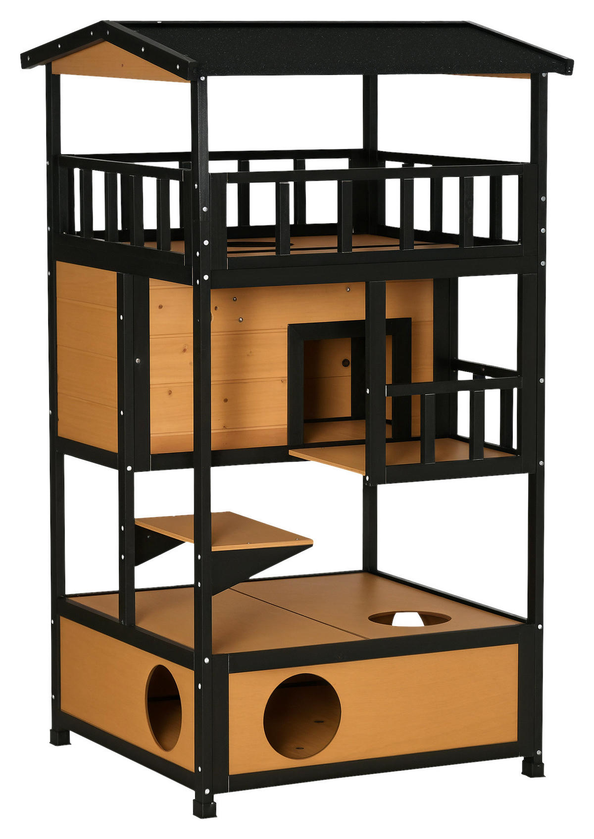 PawHut Katzenhaus schwarz Holz B/H/L: ca. 75x137x75,5 cm Katzenhaus - gelb/schwarz (75,50/75,00/137,00cm) - PawHut
