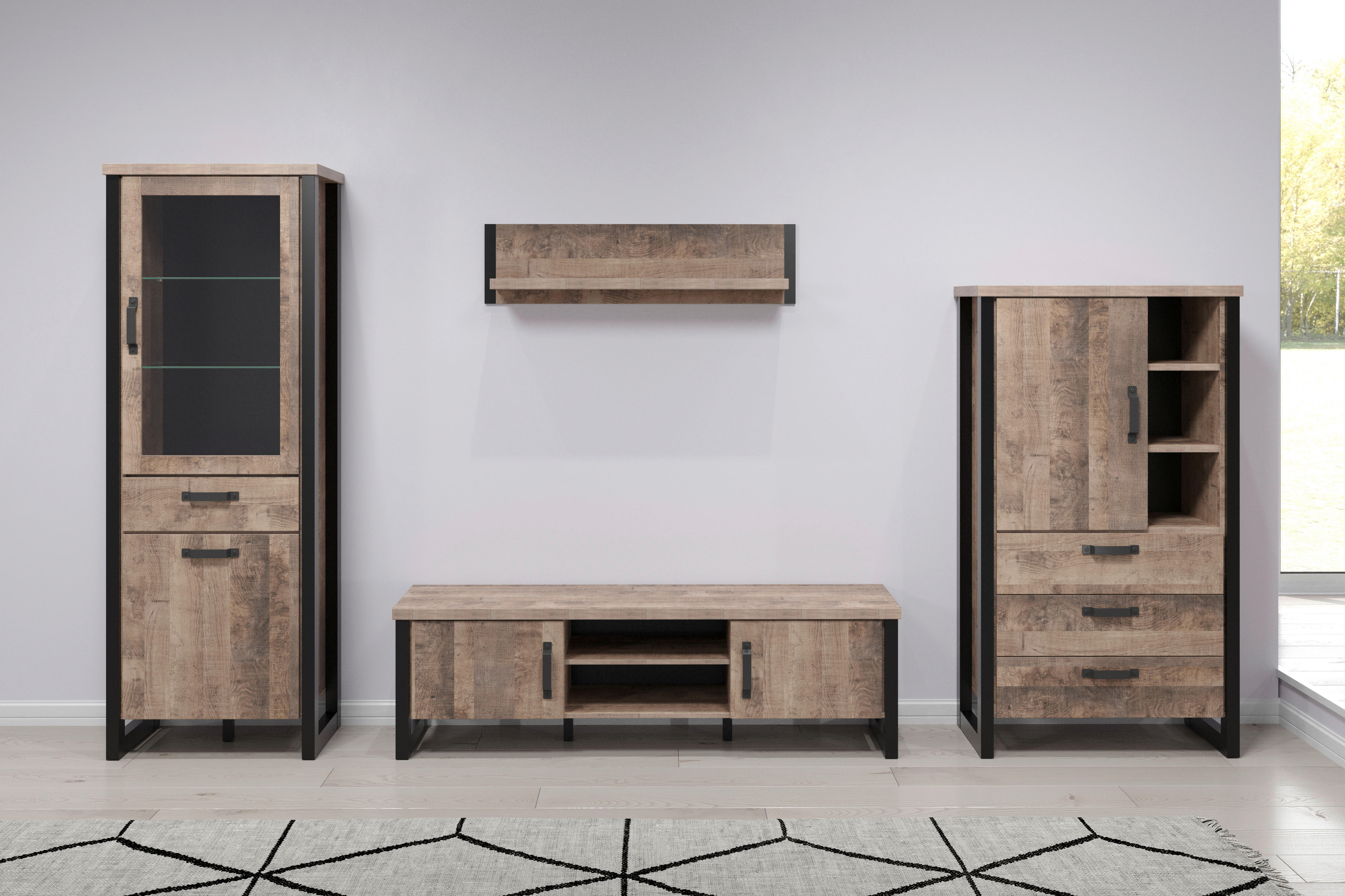 Wohnwand Emile Eiche Tabak Nachbildung B/H/T: ca. 353x195x45 cm Emile - Eiche (353,00/195,00/45,00cm) - Trendteam