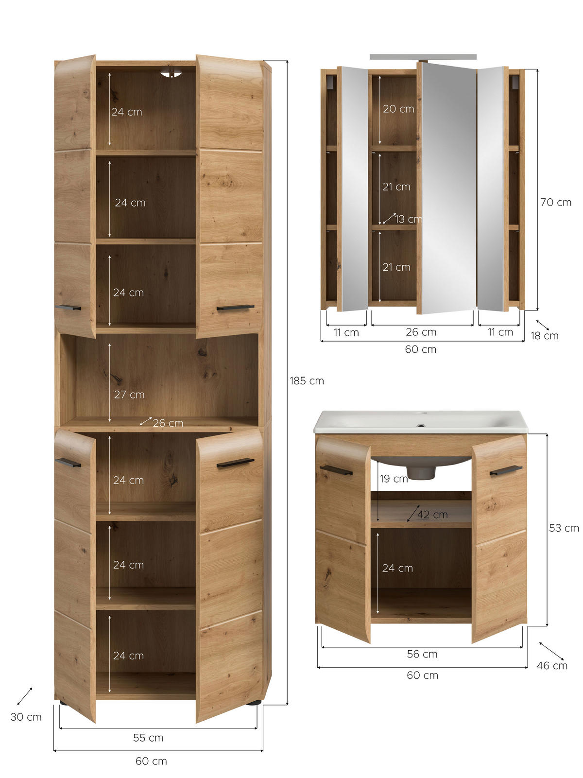 Badezimmer-Set Ice Artisan Oak Nachbildung B/H/T: ca. 135x185x46 cm Ice - (135,00/185,00/46,00cm) - xonox.home