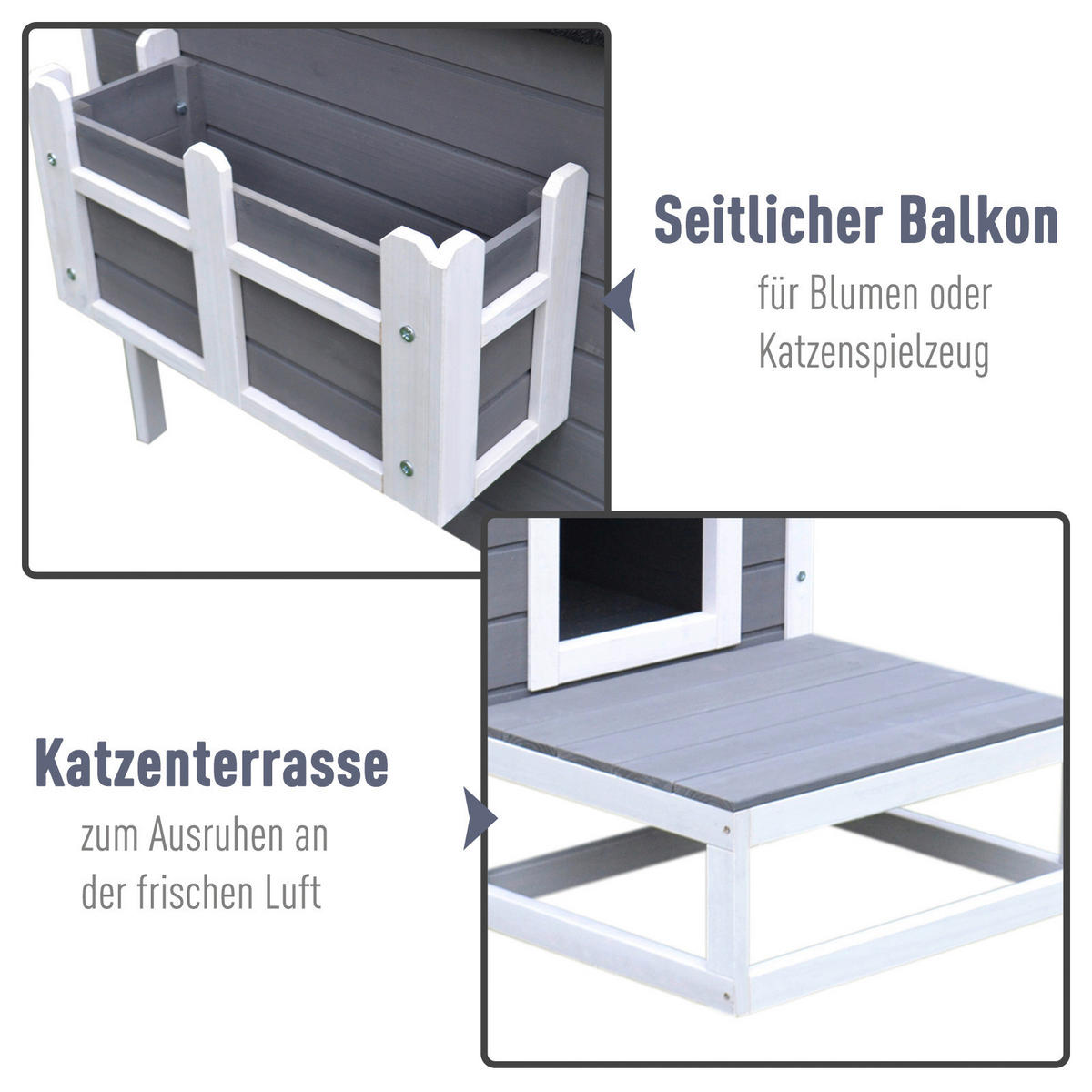 PawHut Katzenhaus grau Holz B/H/L: ca. 67x75x115 cm Katzenhaus - weiß/grau (115,00/67,00/75,00cm) - PawHut