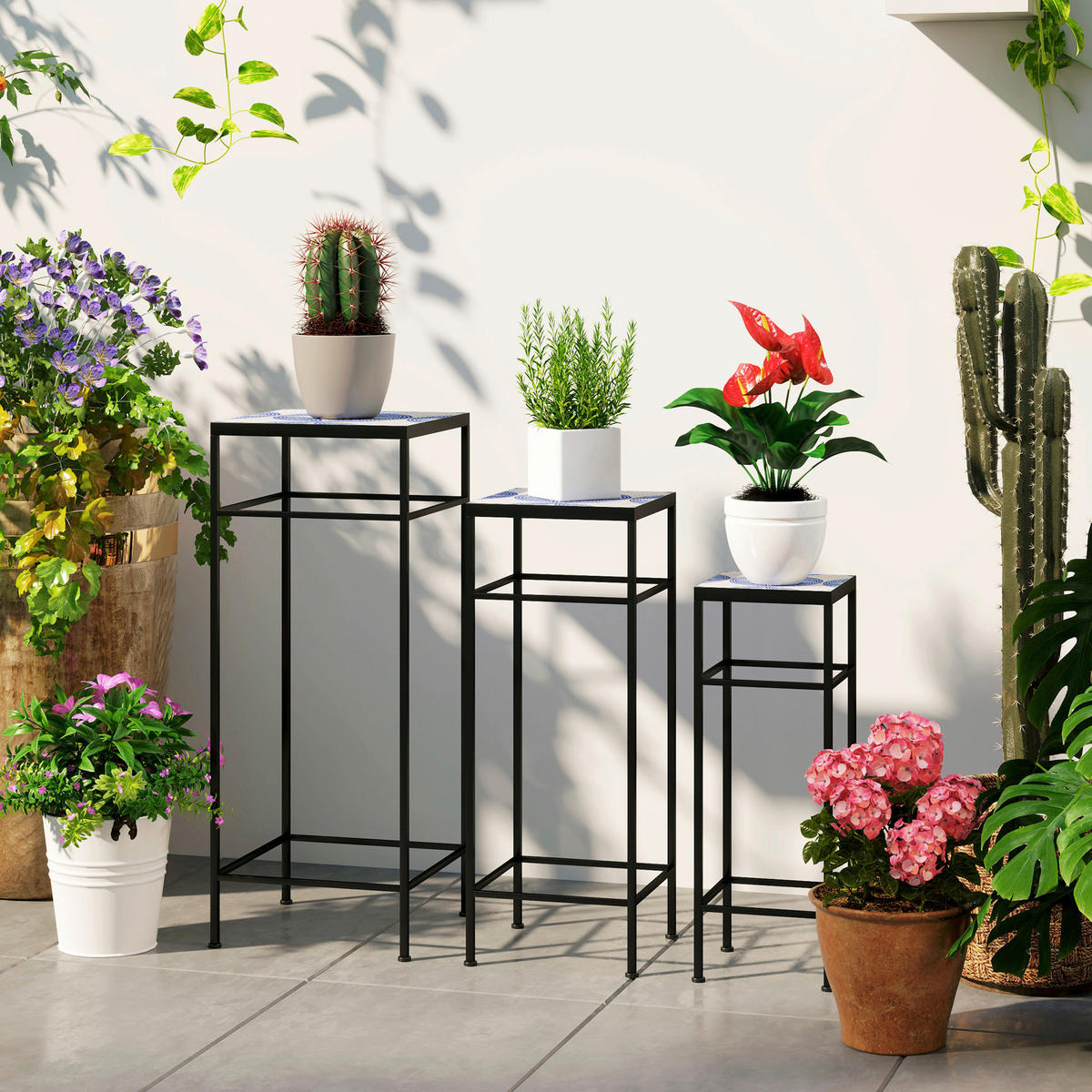 Outsunny Pflanzenständer 3er Set blau Metall B/H/L: ca. 28x71x28 cm Pflanzenständer 3er Set - blau (28,00/28,00/71,00cm) - Outsunny