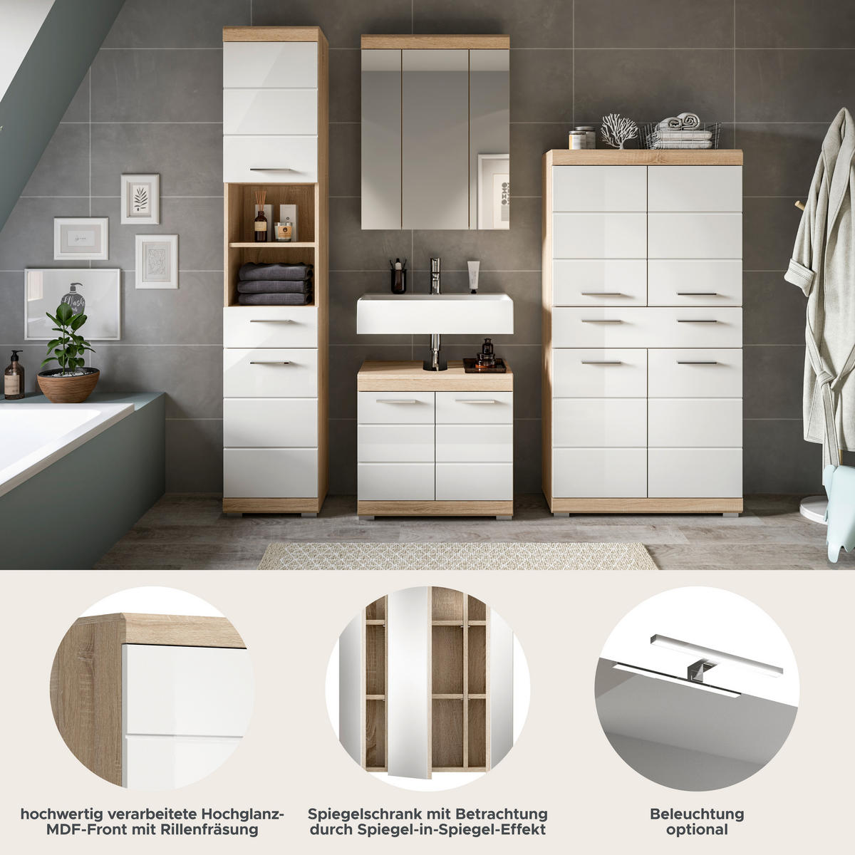 Badezimmer-Set Lambada Eiche Sonoma Nachbildung weiß Hochglanz B/H/T: ca. 186x191x34 cm Lambada - Eiche/weiß (186,00/191,00/34,00cm) - xonox.home