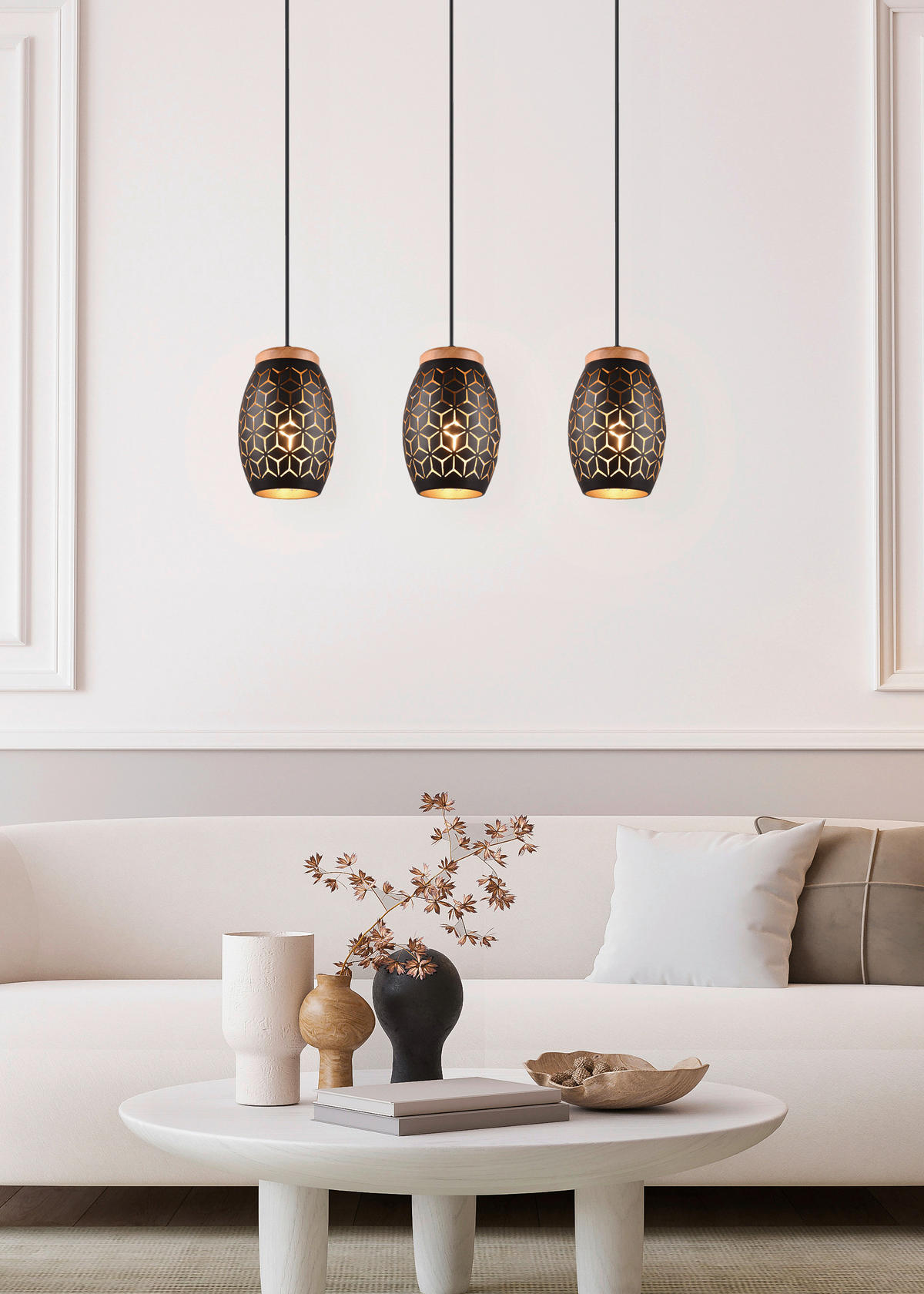 Reality Pendelleuchte schwarz gold Metall Holz B/H/L/D: ca. 71x150x15x15 cm E27 3 Brennstellen Pendelleuchte_Bidar - gold/schwarz (15,00/71,00/150,00cm) - Reality