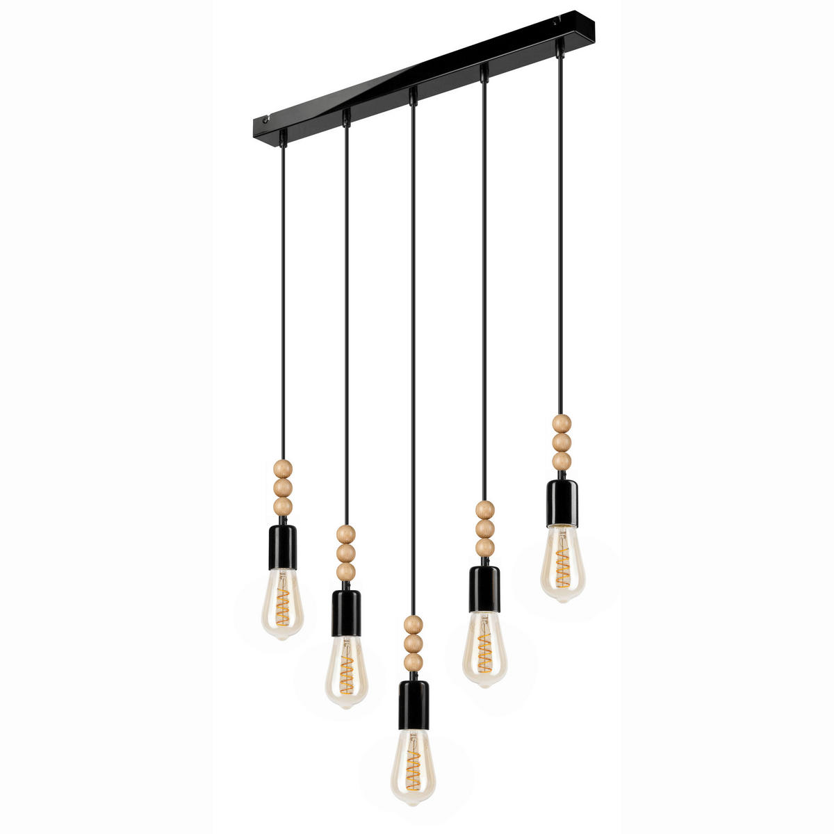 Lamkur Pendelleuchte SIMON 37370 schwarz Holz Stahl H/L: ca. 94x60 cm E27 5 Brennstellen Simon - schwarz (60,00cm) - Lamkur