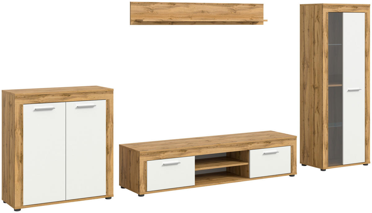 Wohnwand Jam Eiche Wotan Nachbildung weiß B/H/T: ca. 330x159x35 cm Jam - Eiche/weiß (330,00/159,00/35,00cm) - xonox.home