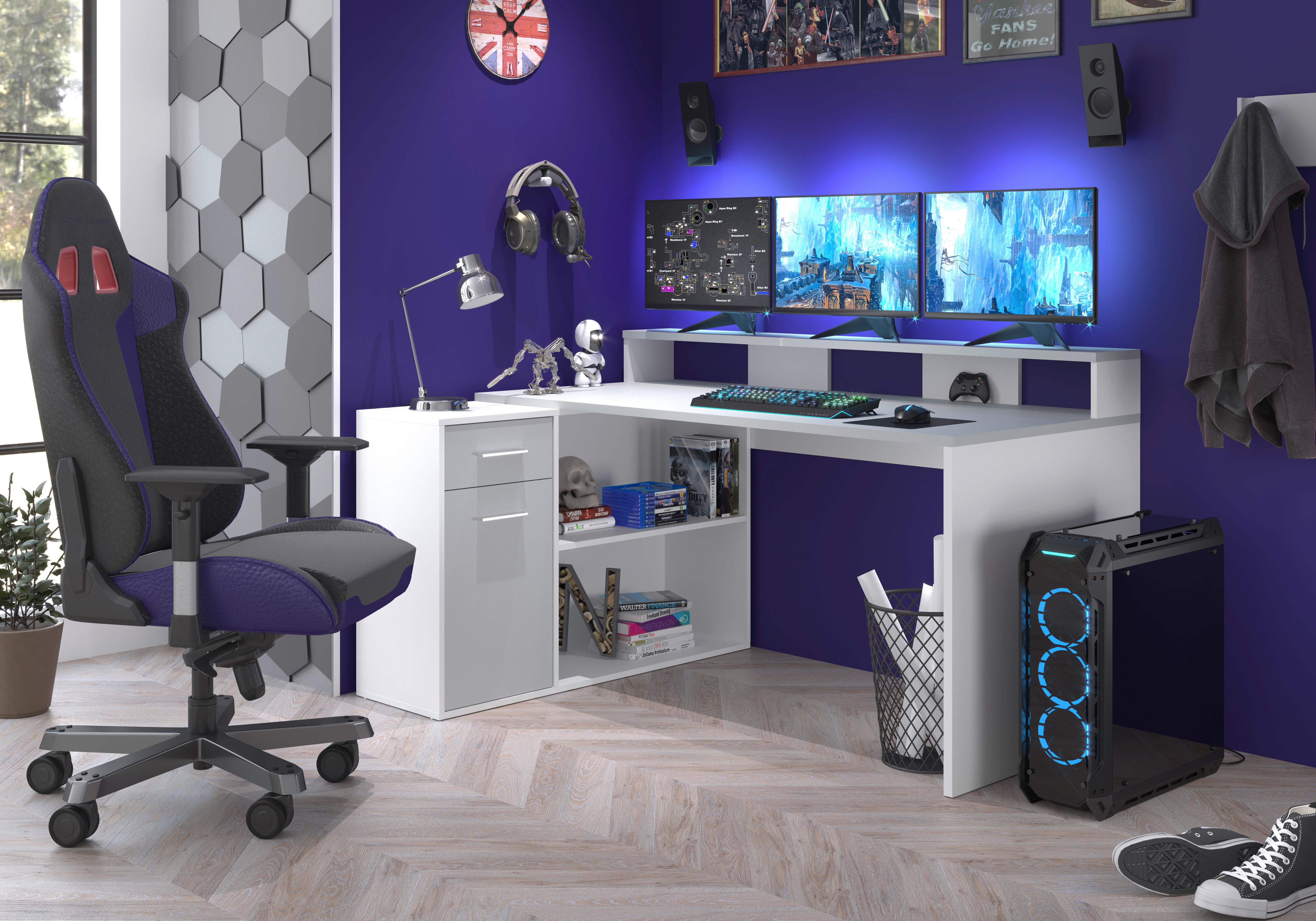 Schreibtisch Gamer hellgrau matt weiß matt B/H/T: ca. 160x92x115 cm Gamer - hellgrau/weiß (160,00/92,00/115,00cm)