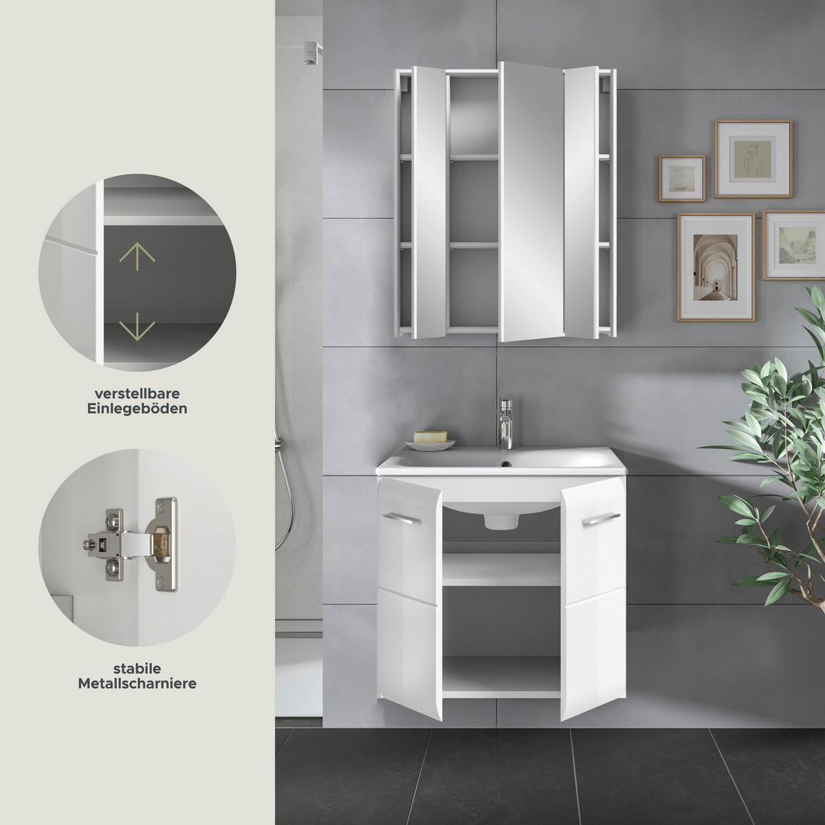 Badezimmer-Set Ice weiß weiß Hochglanz B/H/T: ca. 60x185x46 cm Ice - weiß (60,00/185,00/46,00cm) - xonox.home