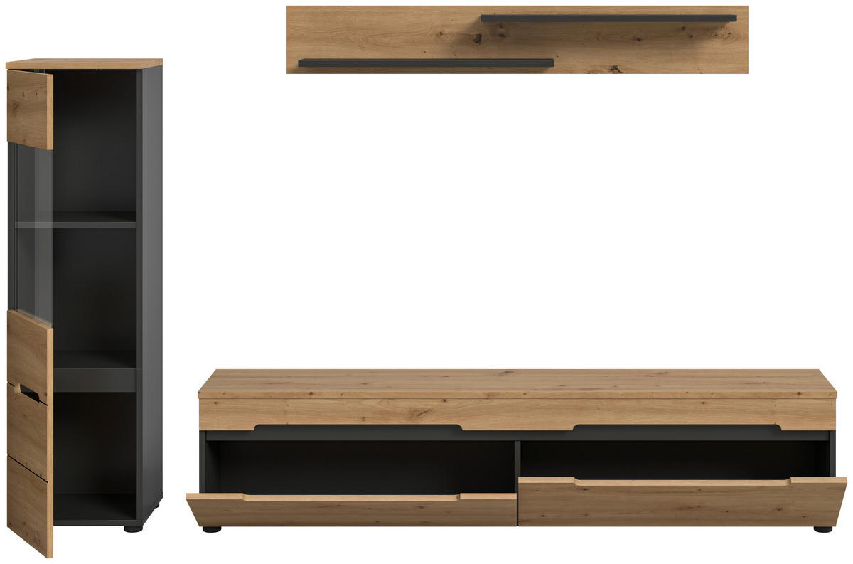 Wohnwand Canu basaltgrau Nachbildung Artisan Oak Nachbildung B/H/T: ca. 221x141x33 cm Canu - basaltgrau (221,00/141,00/33,00cm) - xonox.home
